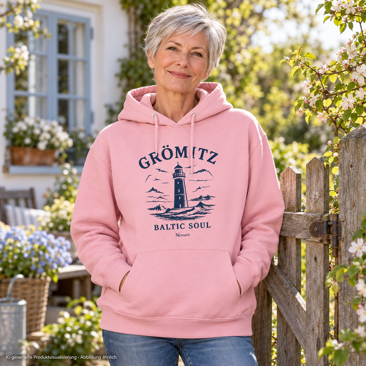 Frau an einem Gartentor – Grömitz Baltic Soul Bio-Hoodie in Cotton Pink mit Leuchtturm-Frontdruck; KI-Produktvisualisierung.