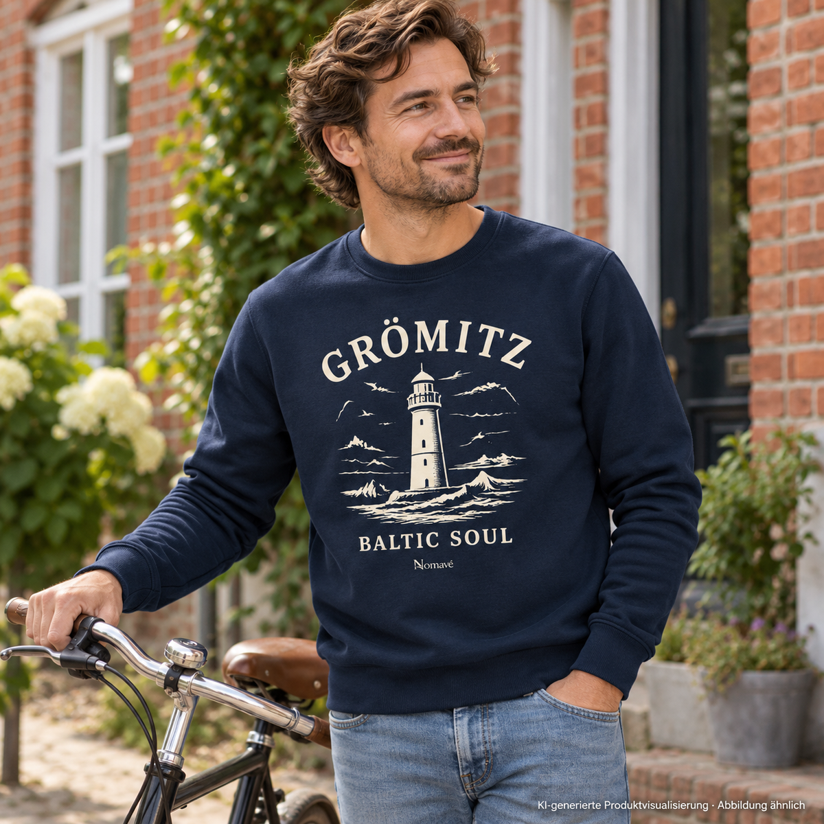 Mann, 30, mit Fahrrad vor einem Backsteinhaus – Grömitz Baltic Soul Bio-Unisex-Sweatshirt in French Navy, Leuchtturmmotiv auf der Vorderseite; KI-Produktvisualisierung.