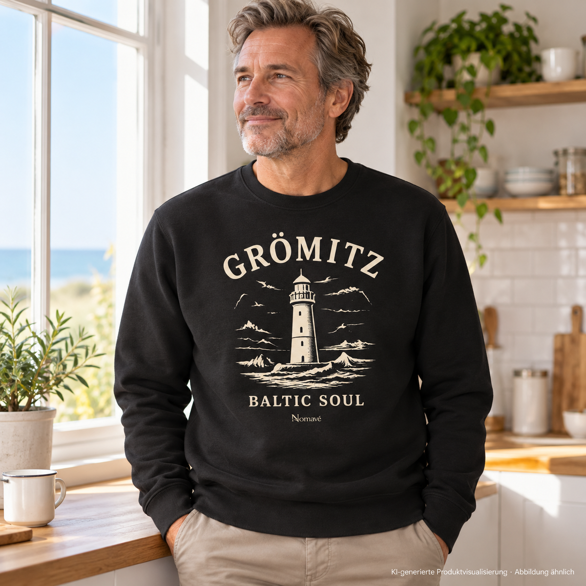 Mann, 55, am Fenster einer hellen Küche – Grömitz Baltic Soul Bio-Unisex-Sweatshirt in Black, Leuchtturmmotiv auf der Vorderseite; KI-Produktvisualisierung.