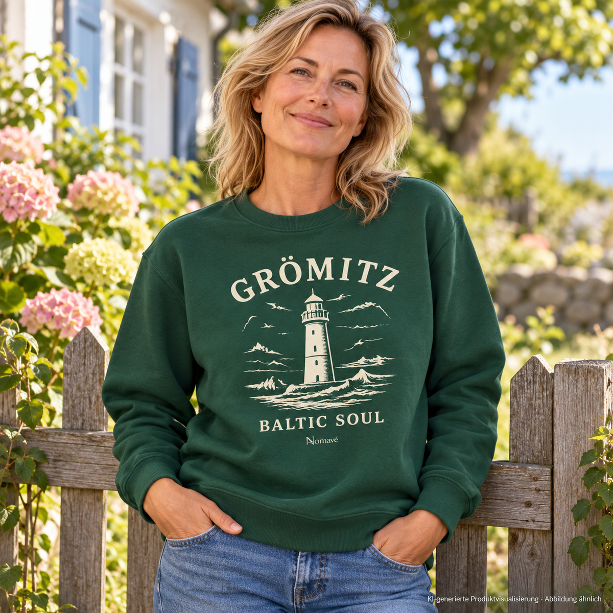 Frau, 50, am Gartenzaun – Grömitz Baltic Soul Bio-Unisex-Sweatshirt in Bottle Green, Leuchtturmmotiv auf der Vorderseite; KI-Produktvisualisierung.