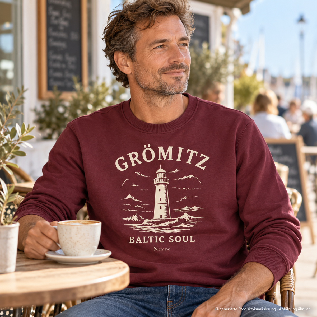 Mann, 40, am Tisch eines Straßencafés – Grömitz Baltic Soul Bio-Unisex-Sweatshirt in Burgundy, Leuchtturmmotiv auf der Vorderseite; KI-Produktvisualisierung.