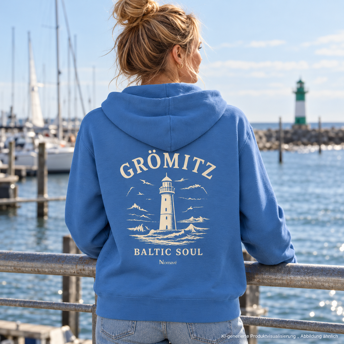 Frau, 35, mit dem Rücken zur Kamera am Hafengeländer – Grömitz Baltic Soul Bio-Zipper in Bright Blue, Leuchtturm-Rückendruck; KI-Produktvisualisierung.