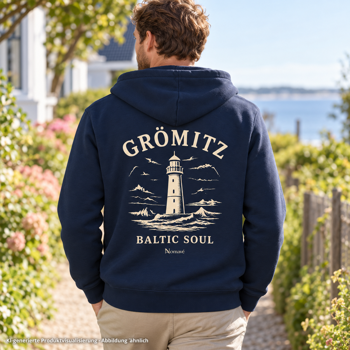 Mann, 30, von hinten auf einem ruhigen Gartenweg – Grömitz Baltic Soul Bio-Zipper in French Navy, Leuchtturm-Rückendruck; KI-Produktvisualisierung.