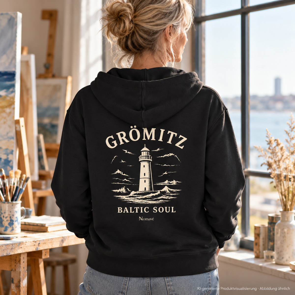 Frau, 50, von hinten am Fenster eines Ateliers – Grömitz Baltic Soul Bio-Zipper in Black, Leuchtturm-Rückendruck; KI-Produktvisualisierung.