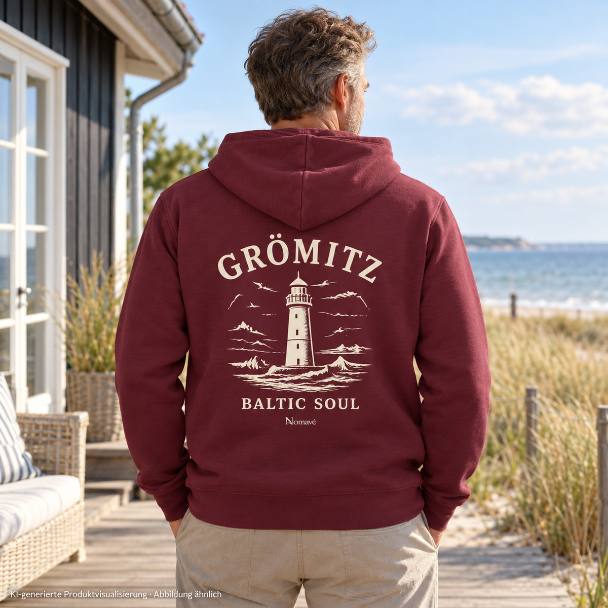 Mann, 55, von hinten vor einem Ferienhaus – Grömitz Baltic Soul Bio-Zipper in Burgundy, Leuchtturm-Rückendruck; KI-Produktvisualisierung.