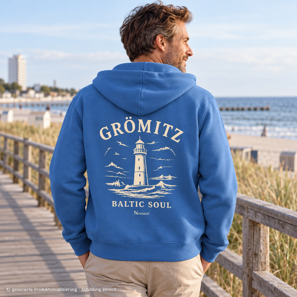 Mann, 40, rückwärtige Dreiviertelansicht beim Spaziergang auf einer Holzpromenade – Grömitz Baltic Soul Bio-Zipper in Bright Blue, Leuchtturm-Rückendruck; KI-Produktvisualisierung.