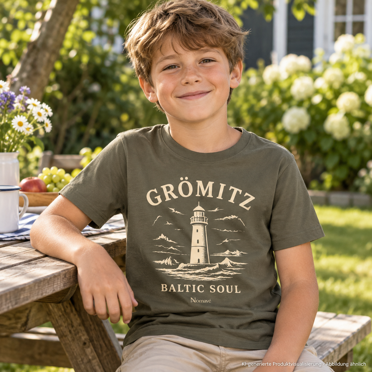 Junge, 8 Jahre, an einem Picknicktisch im Garten – Grömitz Baltic Soul Kinder Bio-T-Shirt in Khaki, Leuchtturmmotiv auf der Vorderseite; KI-Produktvisualisierung.
