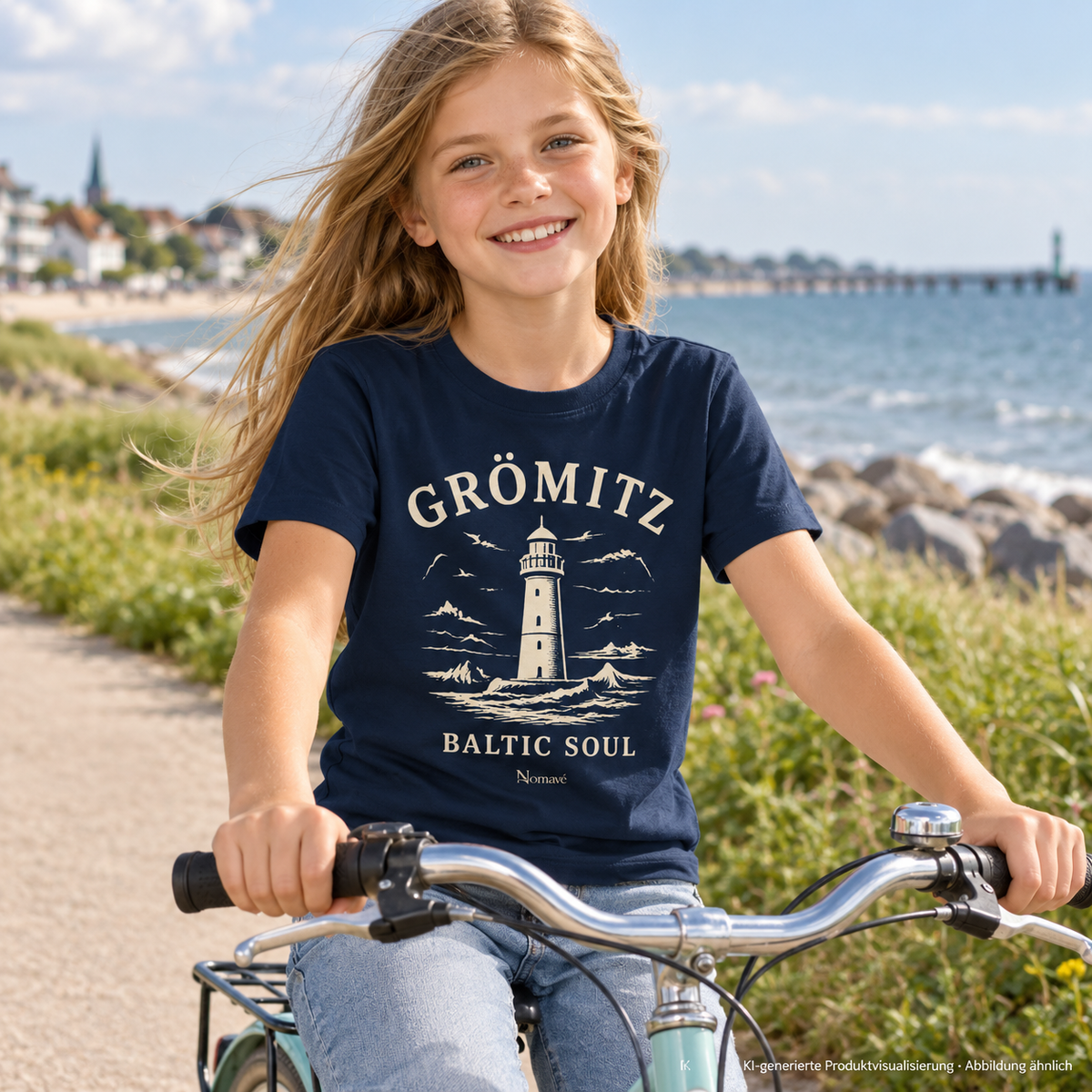 Mädchen, 10 Jahre, mit altersgerechtem Fahrrad auf einem sicheren Parkweg – Grömitz Baltic Soul Kinder Bio-T-Shirt in French Navy, Leuchtturmmotiv auf der Vorderseite; KI-Produktvisualisierung.