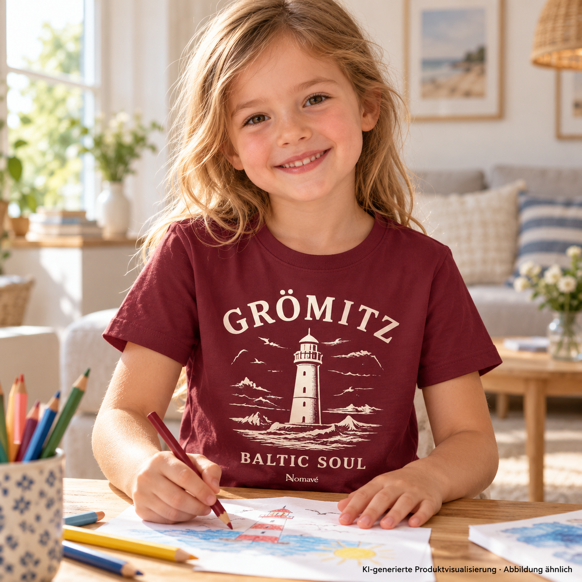 Mädchen, 6 Jahre, beim Malen an einem Tisch im hellen Familienwohnzimmer – Grömitz Baltic Soul Kinder Bio-T-Shirt in Burgundy, Leuchtturmmotiv auf der Vorderseite; KI-Produktvisualisierung.