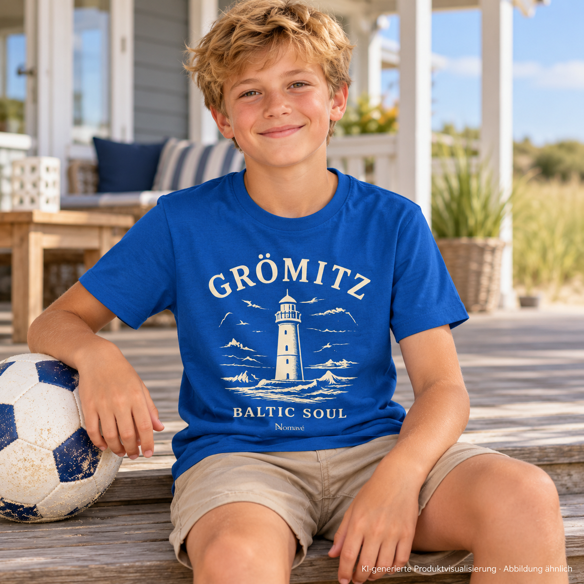 Junge, 11 Jahre, vor einer Ferienhausveranda mit Ball neben sich – Grömitz Baltic Soul Kinder Bio-T-Shirt in Royal Blue, Leuchtturmmotiv auf der Vorderseite; KI-Produktvisualisierung.
