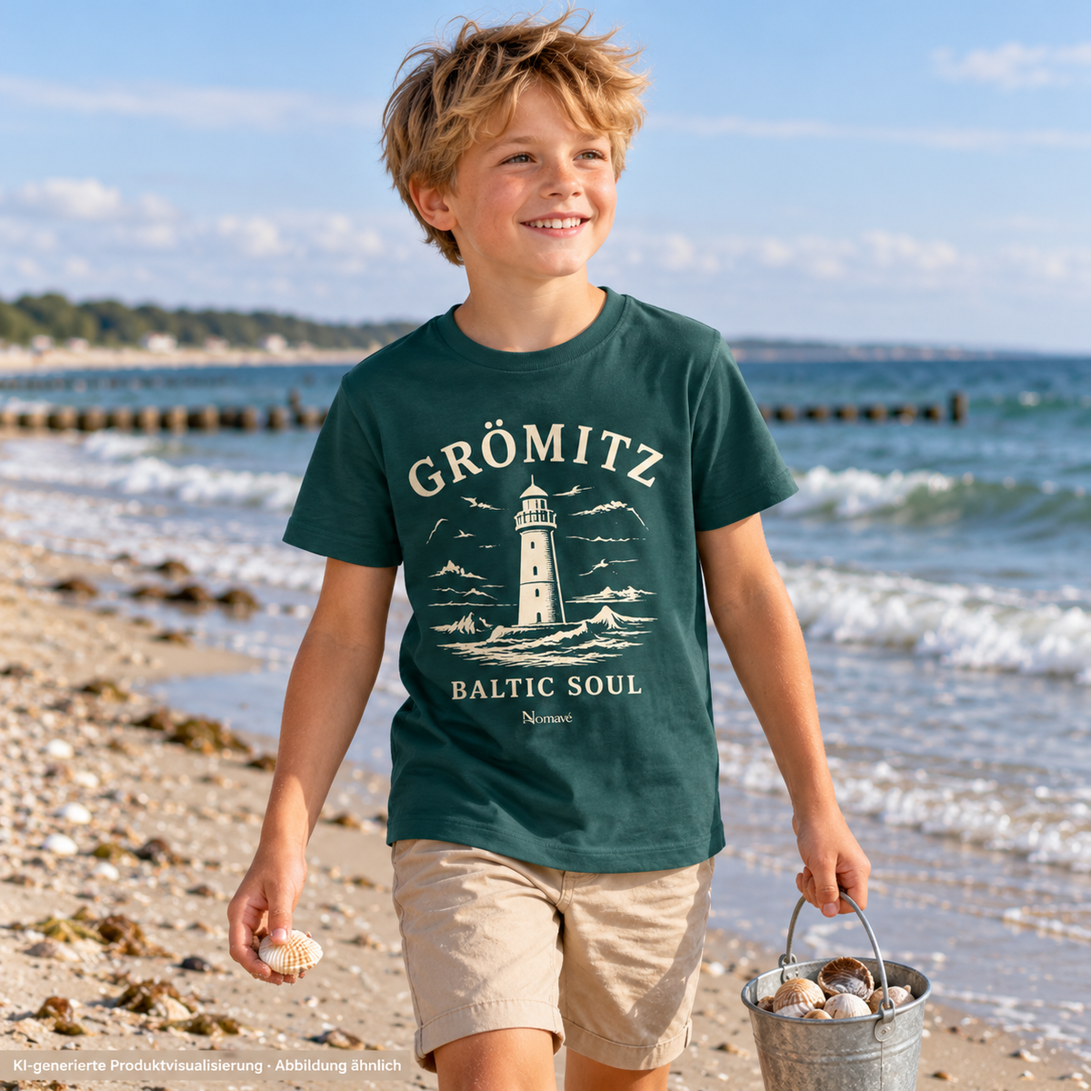 Junge, 9 Jahre, auf einem Muschel-Sammelspaziergang am Strand – Grömitz Baltic Soul Kinder Bio-T-Shirt in Glazed Green, Leuchtturmmotiv auf der Vorderseite; KI-Produktvisualisierung.