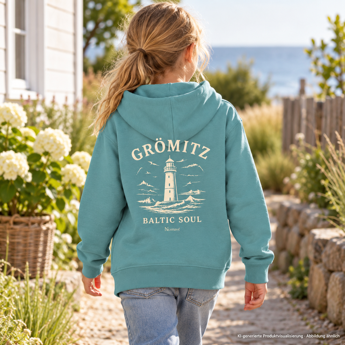 Mädchen, 9 Jahre, von hinten auf einem sicheren Gartenweg – Grömitz Baltic Soul Kinder Bio-Hoodie in Teal Monstera, Leuchtturm-Rückendruck; KI-Produktvisualisierung.