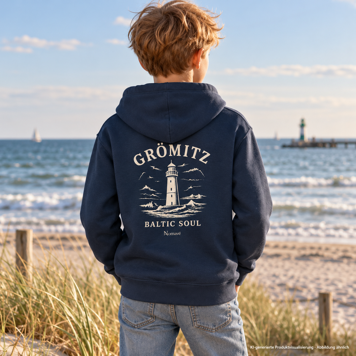 Junge, 10 Jahre, von hinten am Strand mit Blick zum Meer – Grömitz Baltic Soul Kinder Bio-Hoodie in French Navy, Leuchtturm-Rückendruck; KI-Produktvisualisierung.
