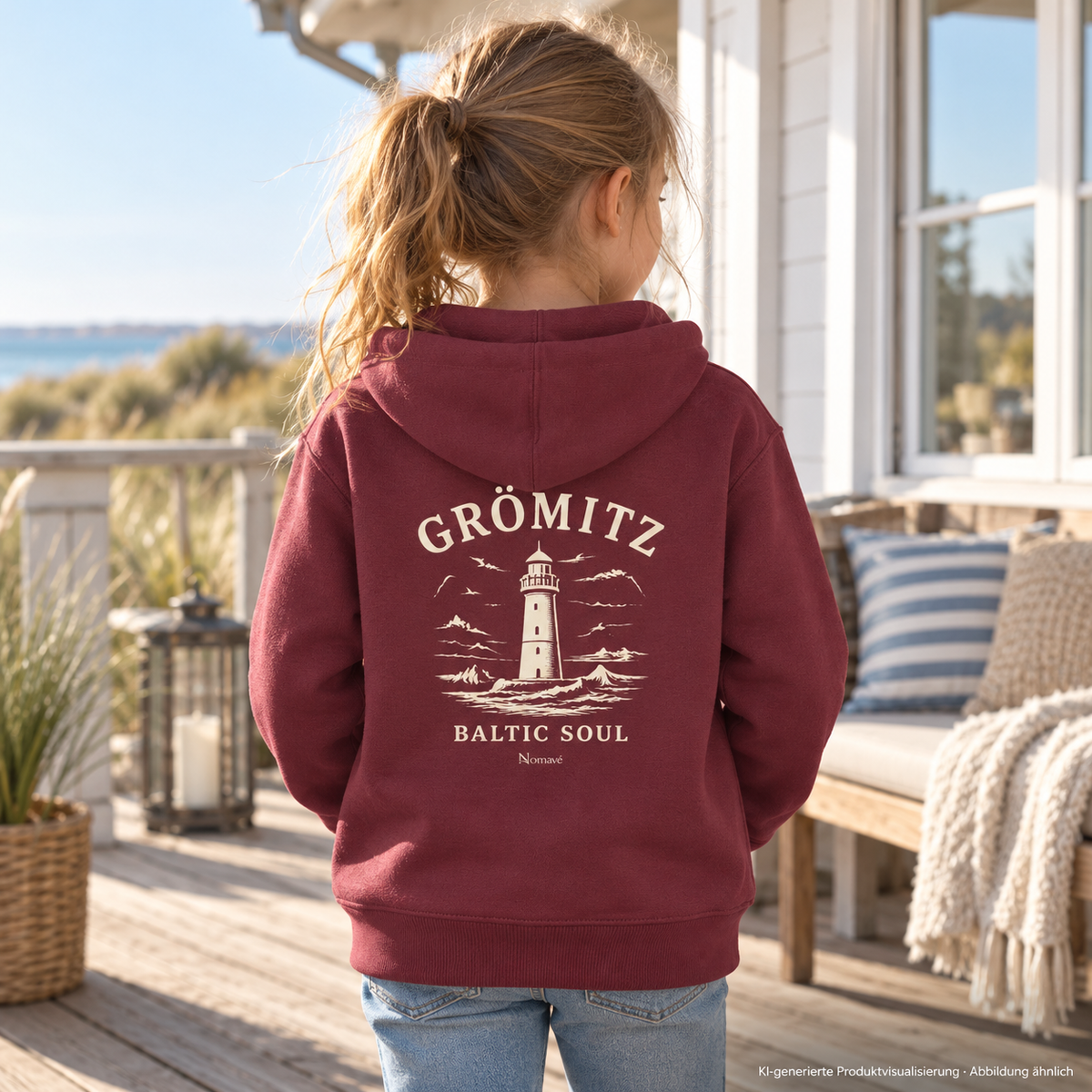 Mädchen, 7 Jahre, von hinten vor einer Ferienhausveranda – Grömitz Baltic Soul Kinder Bio-Hoodie in Burgundy, Leuchtturm-Rückendruck; KI-Produktvisualisierung.