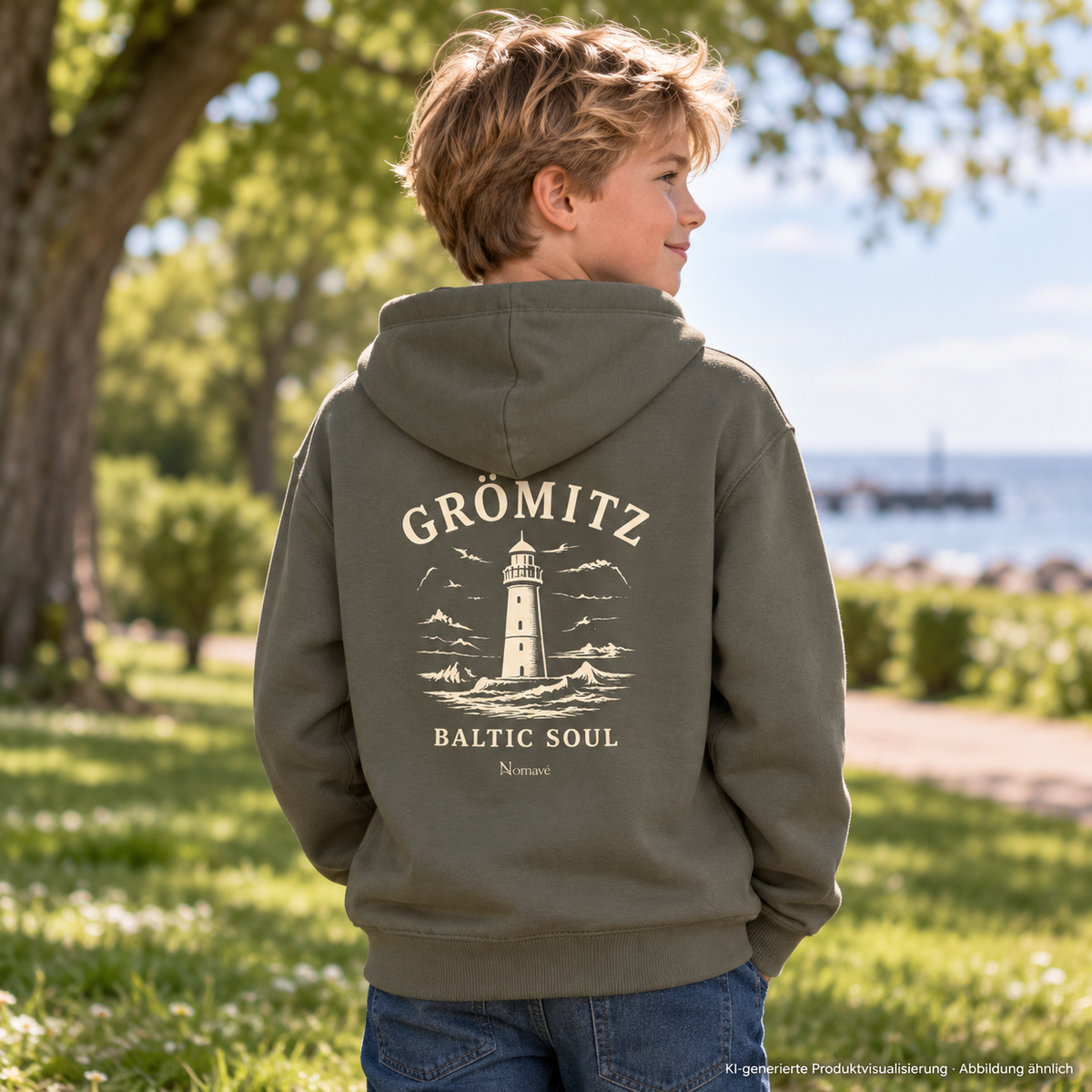 Junge, 11 Jahre, rückwärtige Dreiviertelansicht in einem grünen Park – Grömitz Baltic Soul Kinder Bio-Hoodie in Khaki, Leuchtturm-Rückendruck; KI-Produktvisualisierung.