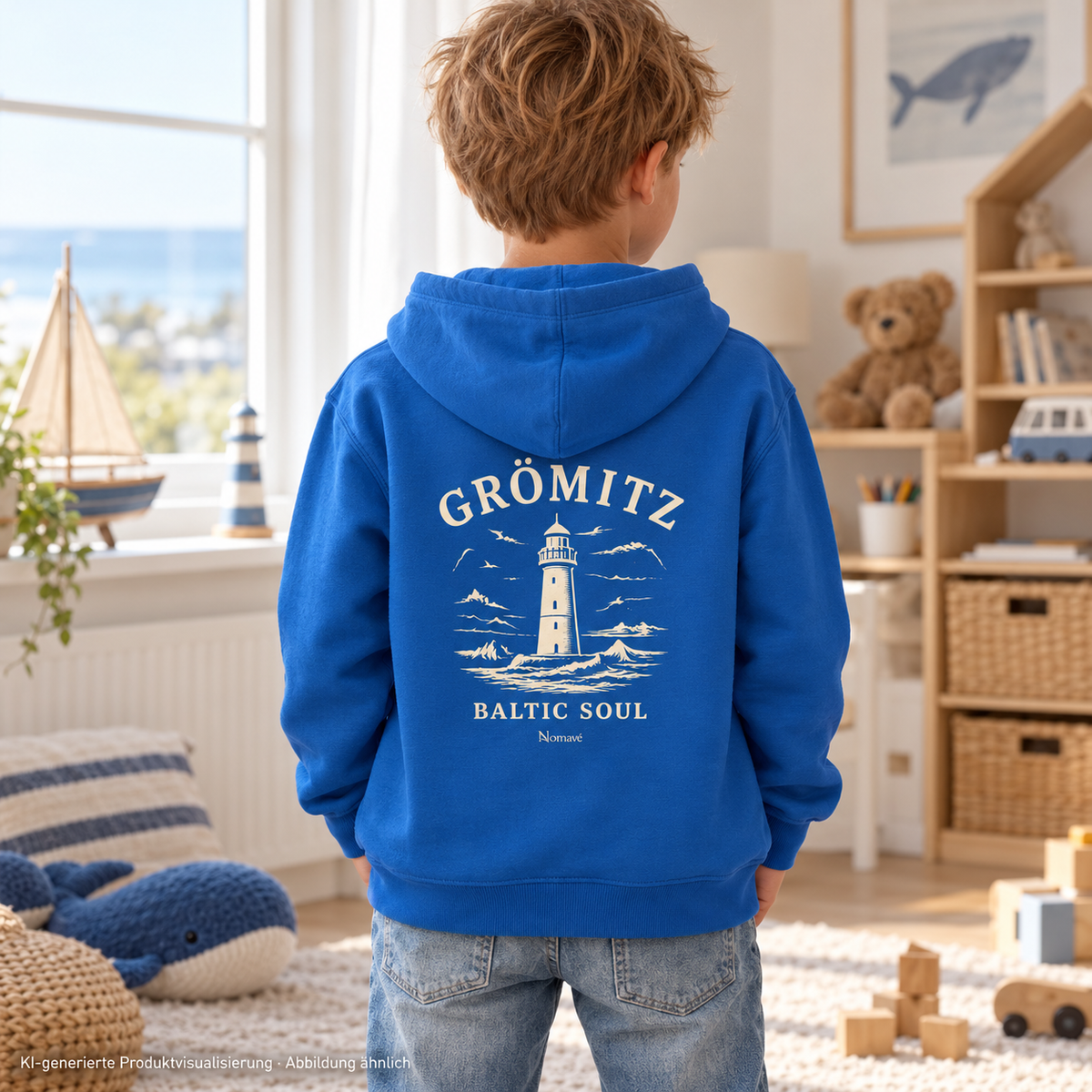 Junge, 8 Jahre, von hinten in einem hellen Spielzimmer am Fenster – Grömitz Baltic Soul Kinder Bio-Hoodie in Royal Blue, Leuchtturm-Rückendruck; KI-Produktvisualisierung.