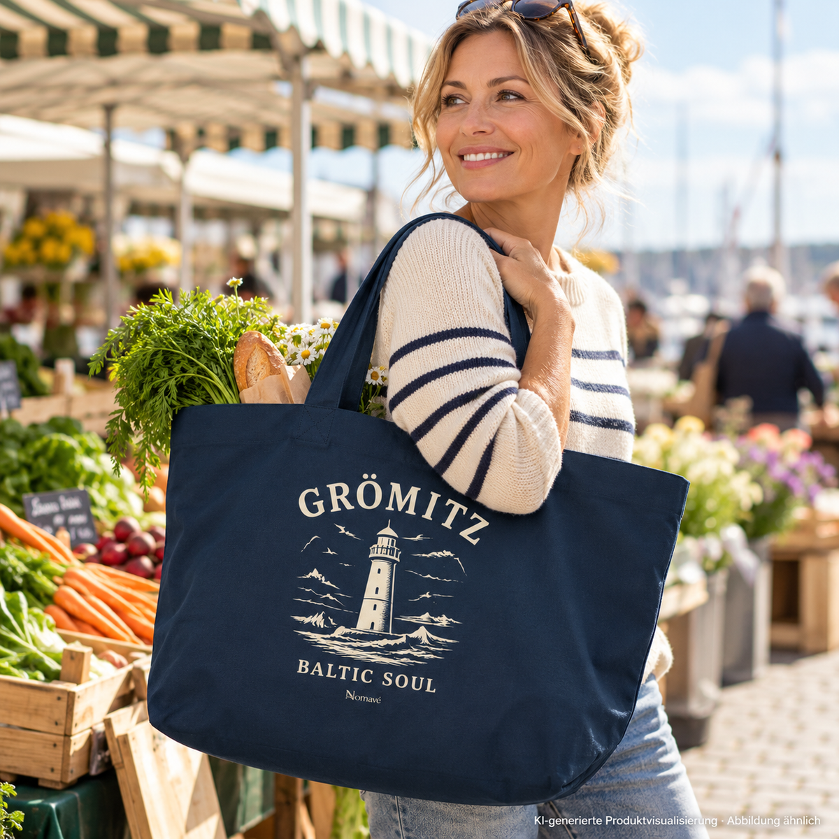 Frau, 40, hält die große Einkaufstasche mit unverdeckter bedruckter Außenseite auf einem Wochenmarkt – Grömitz Baltic Soul Shopping-Bag in French Navy, Leuchtturmmotiv auf der bedruckten Außenseite; KI-Produktvisualisierung.