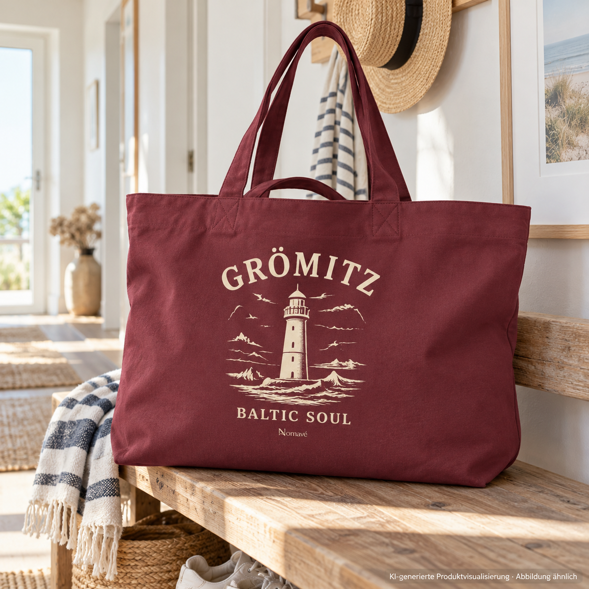 Große Einkaufstasche auf einer Holzbank im hellen Ferienhausflur – Grömitz Baltic Soul Shopping-Bag in Burgundy, Leuchtturmmotiv auf der bedruckten Außenseite; KI-Produktvisualisierung.