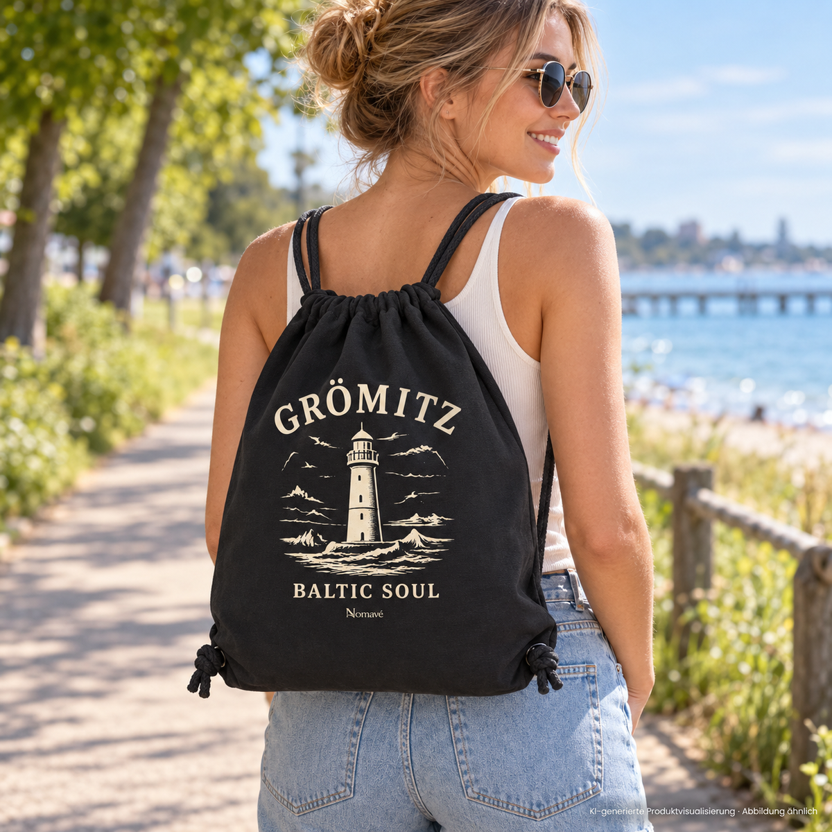 Junge erwachsene Frau trägt den schwarzen Kordelrucksack auf dem Rücken auf einem sonnigen Parkweg – Grömitz Baltic Soul Gym-Bag in Black, Leuchtturmmotiv auf der bedruckten Außenseite; KI-Produktvisualisierung.
