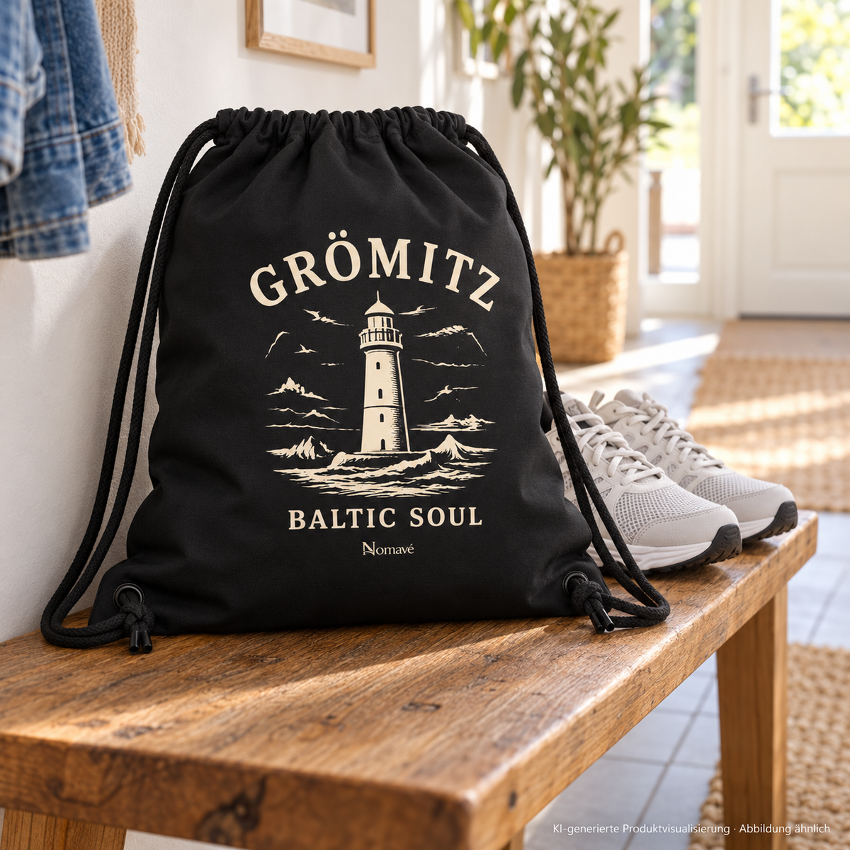 Schwarzer Gym-Bag auf einer Holzbank neben Sportschuhen in einem hellen Flur – Grömitz Baltic Soul Gym-Bag in Black, Leuchtturmmotiv auf der bedruckten Außenseite; KI-Produktvisualisierung.