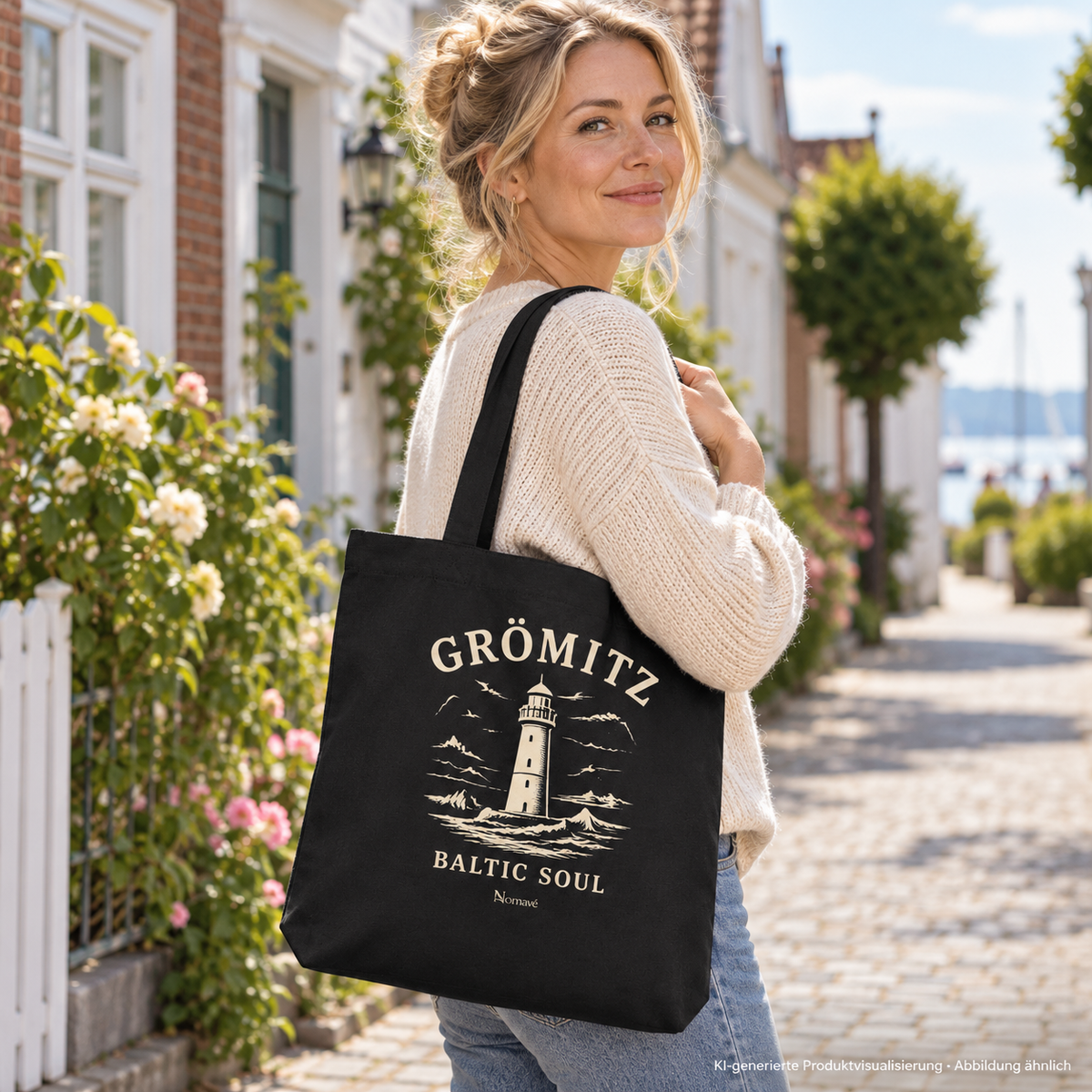 Frau, 35, trägt die flache schwarze Tote-Bag an einer Schulter in einer ruhigen Dorfstraße – Grömitz Baltic Soul Tote-Bag in Black, Leuchtturmmotiv auf der bedruckten Außenseite; KI-Produktvisualisierung.