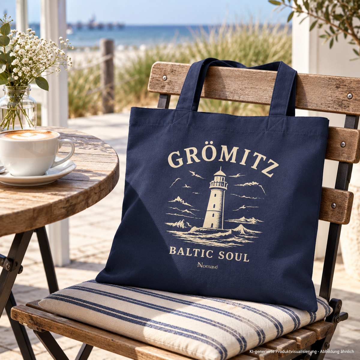 Flache dunkelblaue Tote-Bag auf einem Stuhl neben einem Cafétisch – Grömitz Baltic Soul Tote-Bag in Midnight Blue, Leuchtturmmotiv auf der bedruckten Außenseite; KI-Produktvisualisierung.