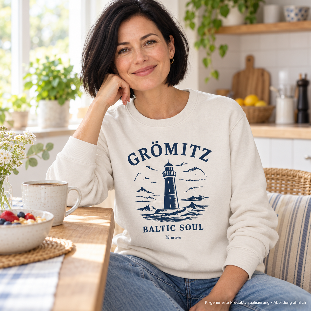 Frau am Frühstückstisch in einer hellen Küche – Grömitz Baltic Soul Bio-Unisex-Sweatshirt in Vintage White mit navyfarbenem Leuchtturmmotiv auf der Vorderseite; KI-Produktvisualisierung.
