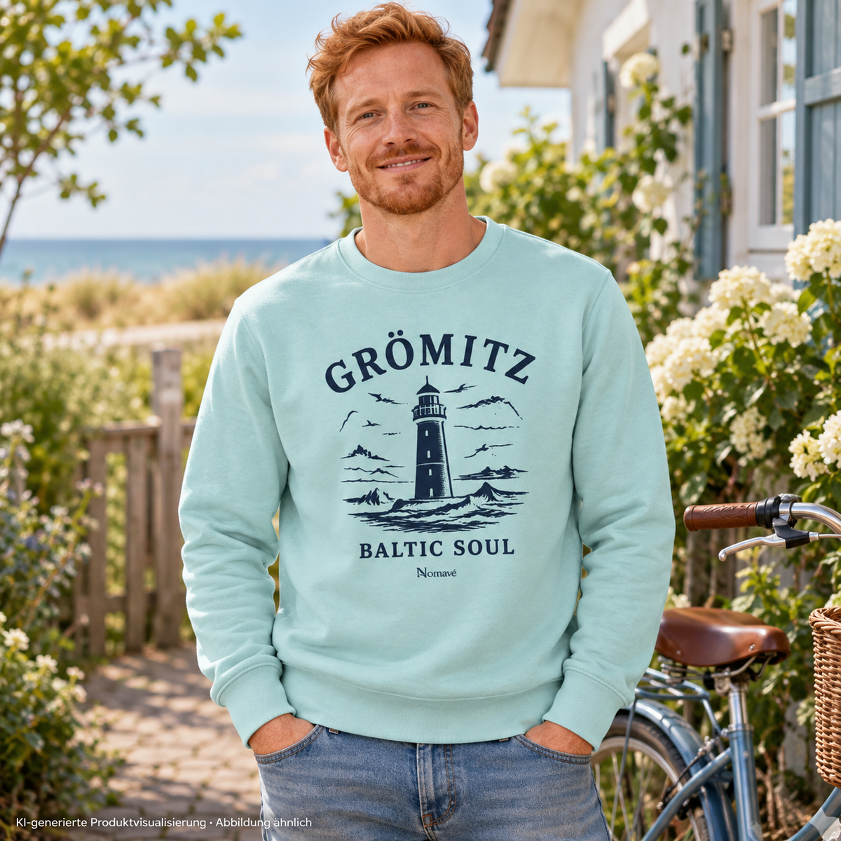 Mann mit Fahrrad im Garten – Grömitz Baltic Soul Bio-Unisex-Sweatshirt in Caribbean Blue mit navyfarbenem Leuchtturmmotiv auf der Vorderseite; KI-Produktvisualisierung.