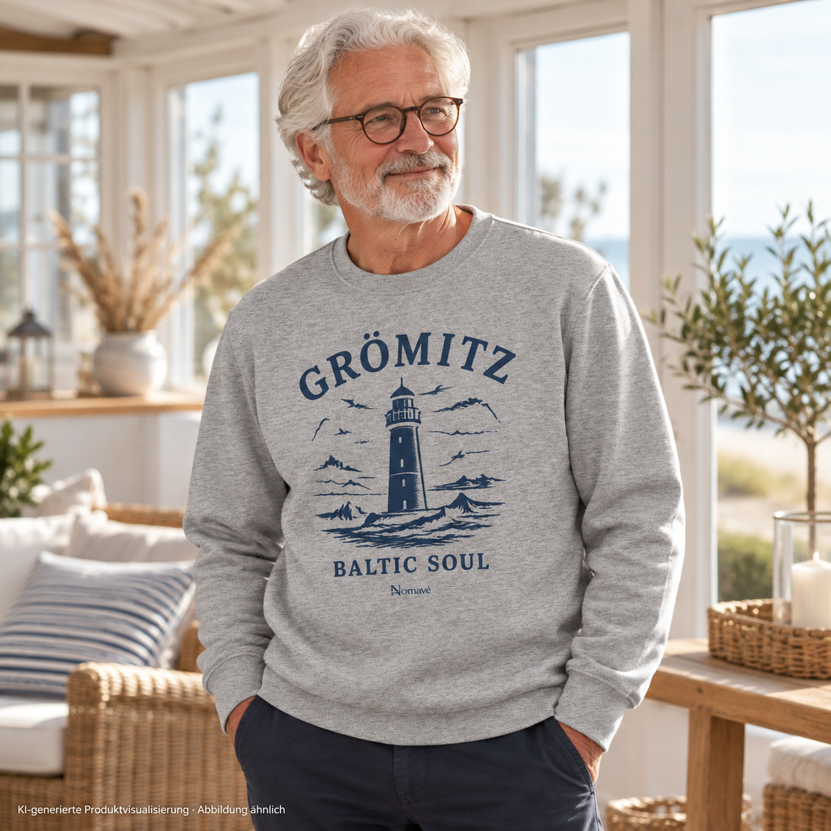 Mann mit Brille im Wintergarten – Grömitz Baltic Soul Bio-Unisex-Sweatshirt in Heather Grey mit navyfarbenem Leuchtturmmotiv auf der Vorderseite; KI-Produktvisualisierung.