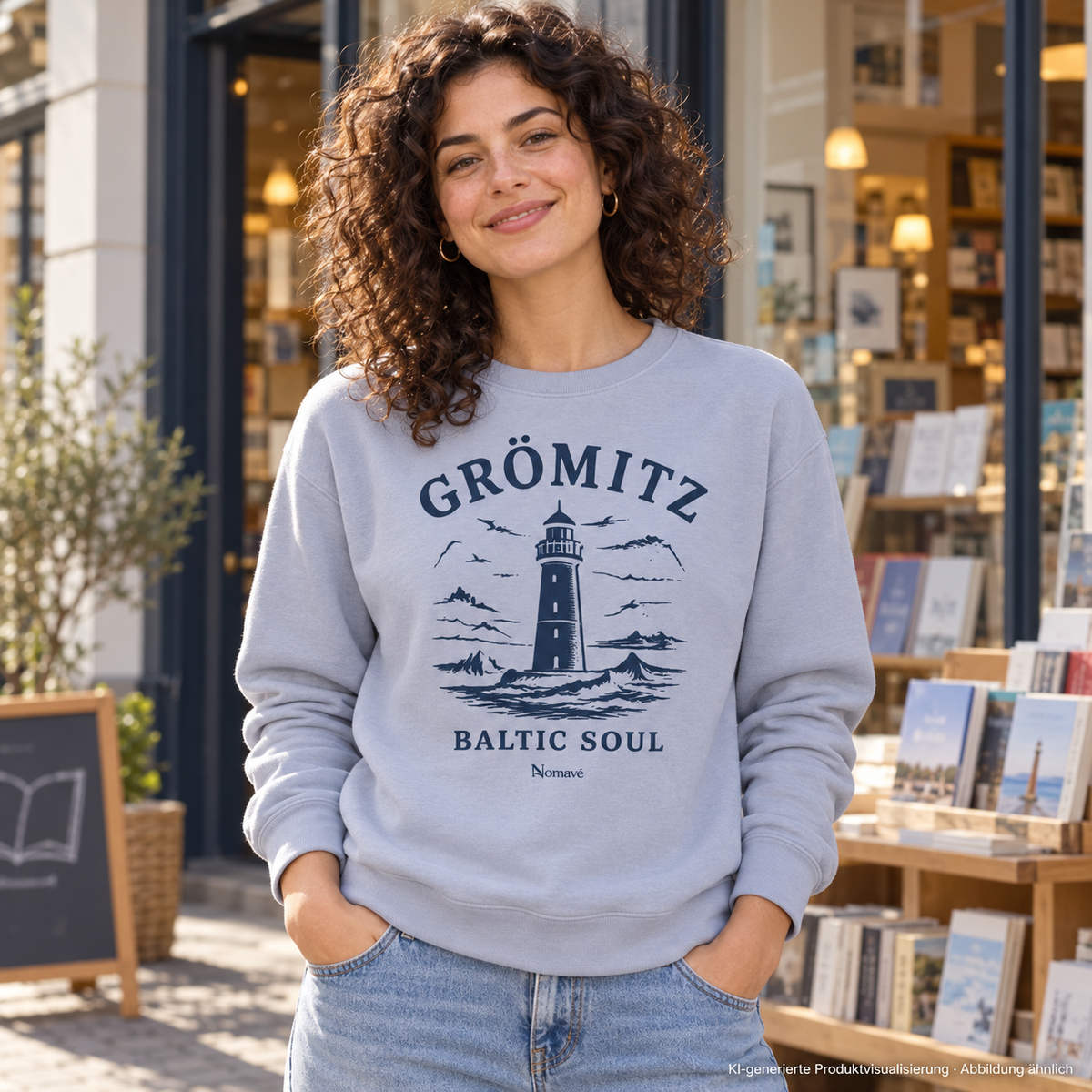 Frau vor einer Buchhandlung – Grömitz Baltic Soul Bio-Unisex-Sweatshirt in Serene Blue mit navyfarbenem Leuchtturmmotiv auf der Vorderseite; KI-Produktvisualisierung.