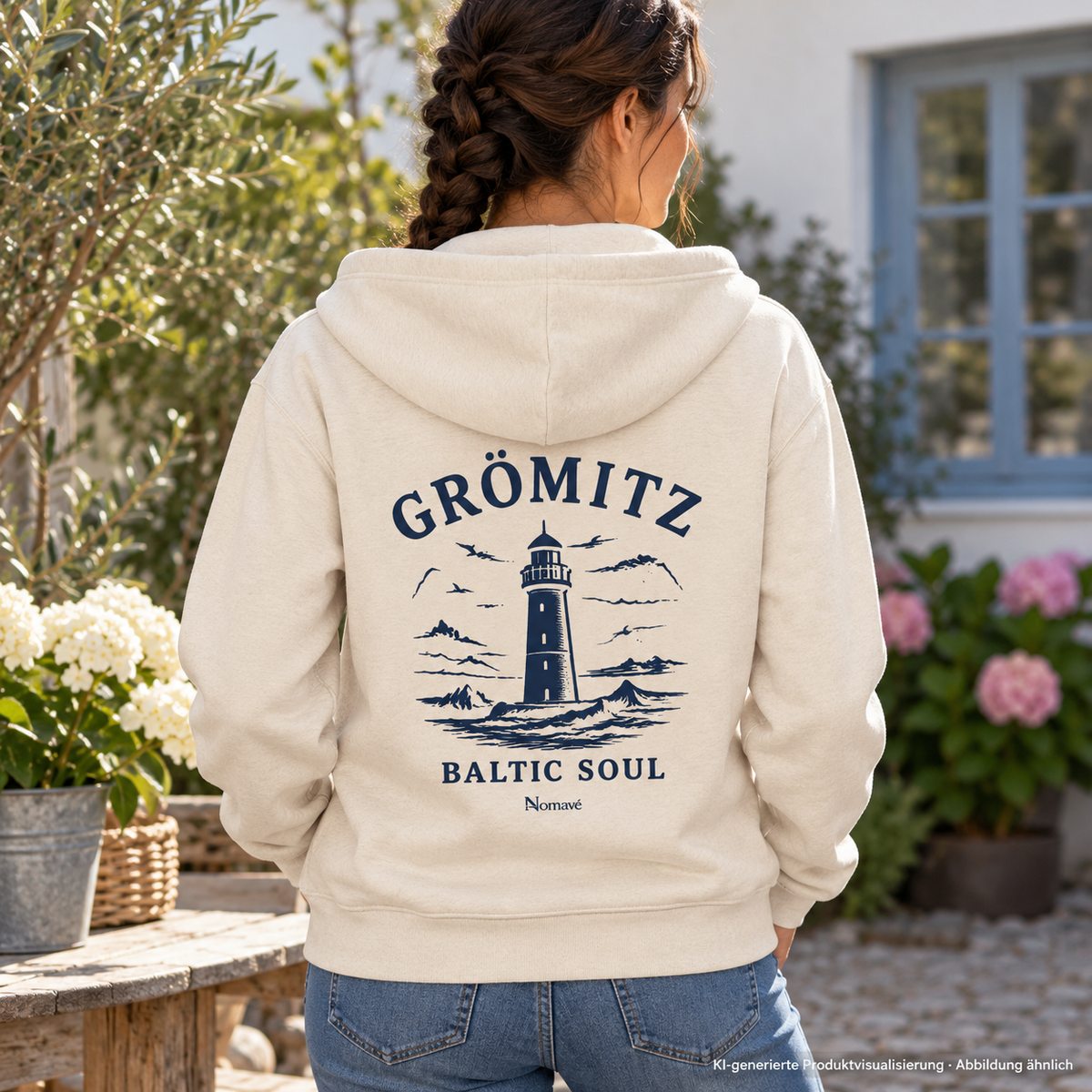 Frau im Garteninnenhof, Rückansicht – Grömitz Baltic Soul Bio-Zipper in Natural Raw mit navyfarbenem Leuchtturmmotiv auf der Rückseite; KI-Produktvisualisierung.