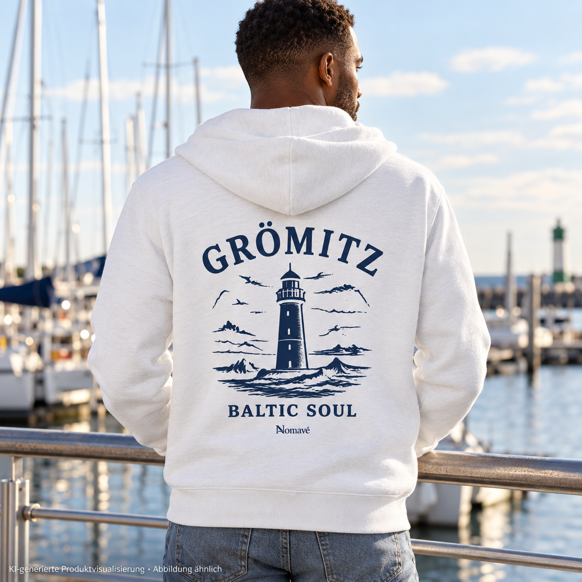 Mann am Marinageländer, Rückansicht – Grömitz Baltic Soul Bio-Zipper in White mit navyfarbenem Leuchtturmmotiv auf der Rückseite; KI-Produktvisualisierung.