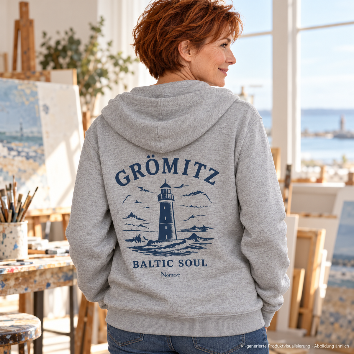 Frau im Atelier, rückwärtige Dreiviertelansicht – Grömitz Baltic Soul Bio-Zipper in Heather Grey mit navyfarbenem Leuchtturmmotiv auf der Rückseite; KI-Produktvisualisierung.