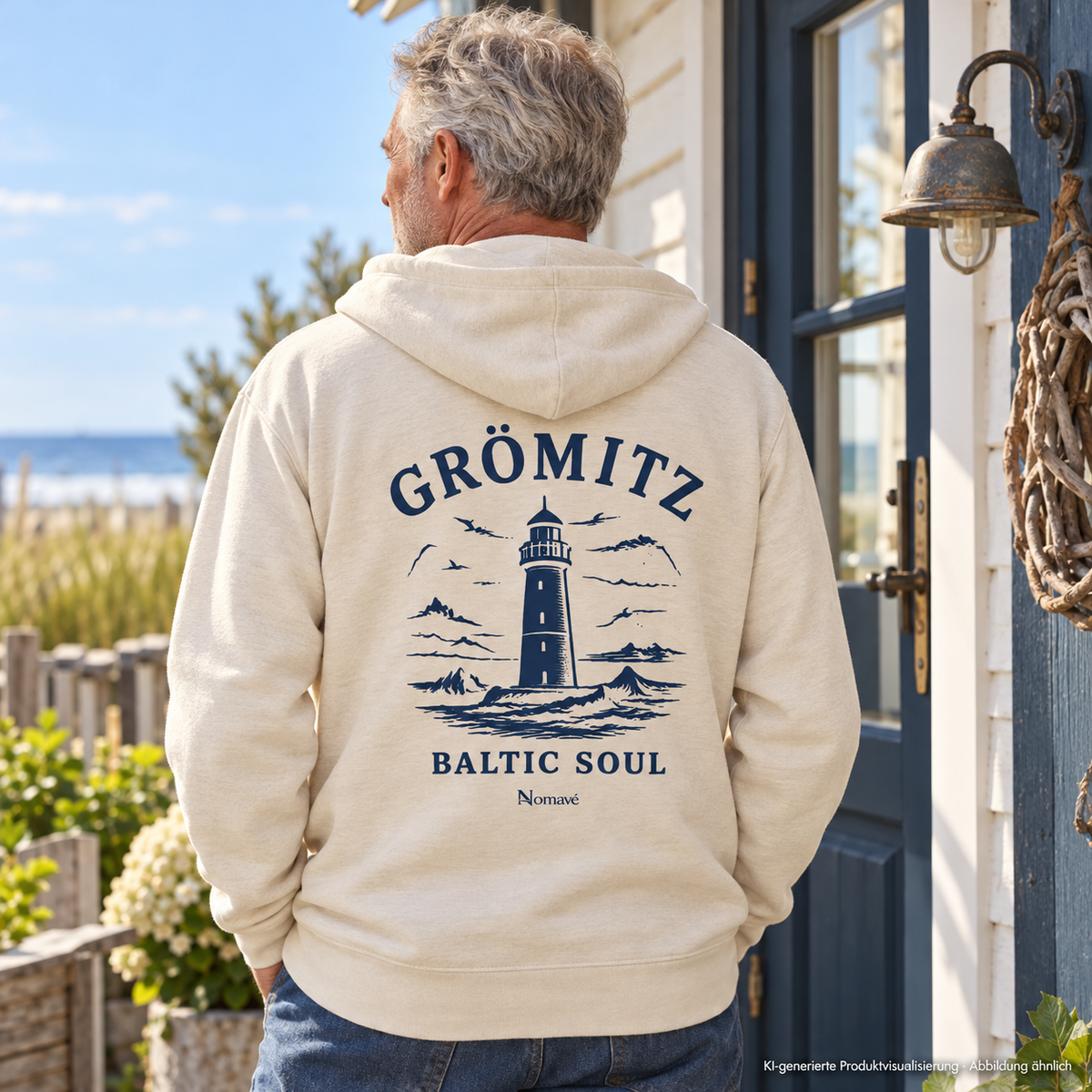 Mann vor einer Ferienhaustür, Rückansicht – Grömitz Baltic Soul Bio-Zipper in Natural Raw mit navyfarbenem Leuchtturmmotiv auf der Rückseite; KI-Produktvisualisierung.