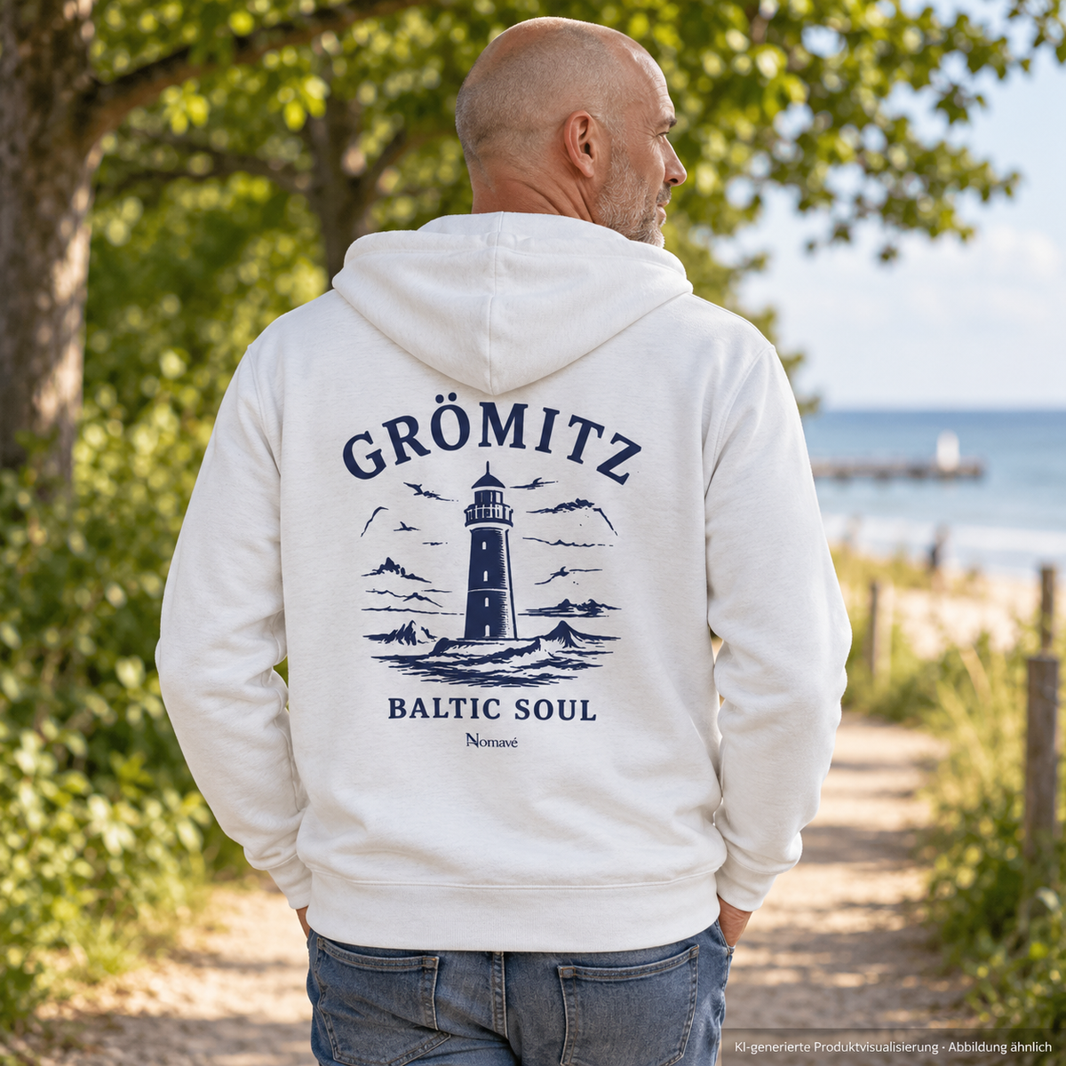 Mann auf einem baumgesäumten Weg, rückwärtige Dreiviertelansicht – Grömitz Baltic Soul Bio-Zipper in White mit navyfarbenem Leuchtturmmotiv auf der Rückseite; KI-Produktvisualisierung.