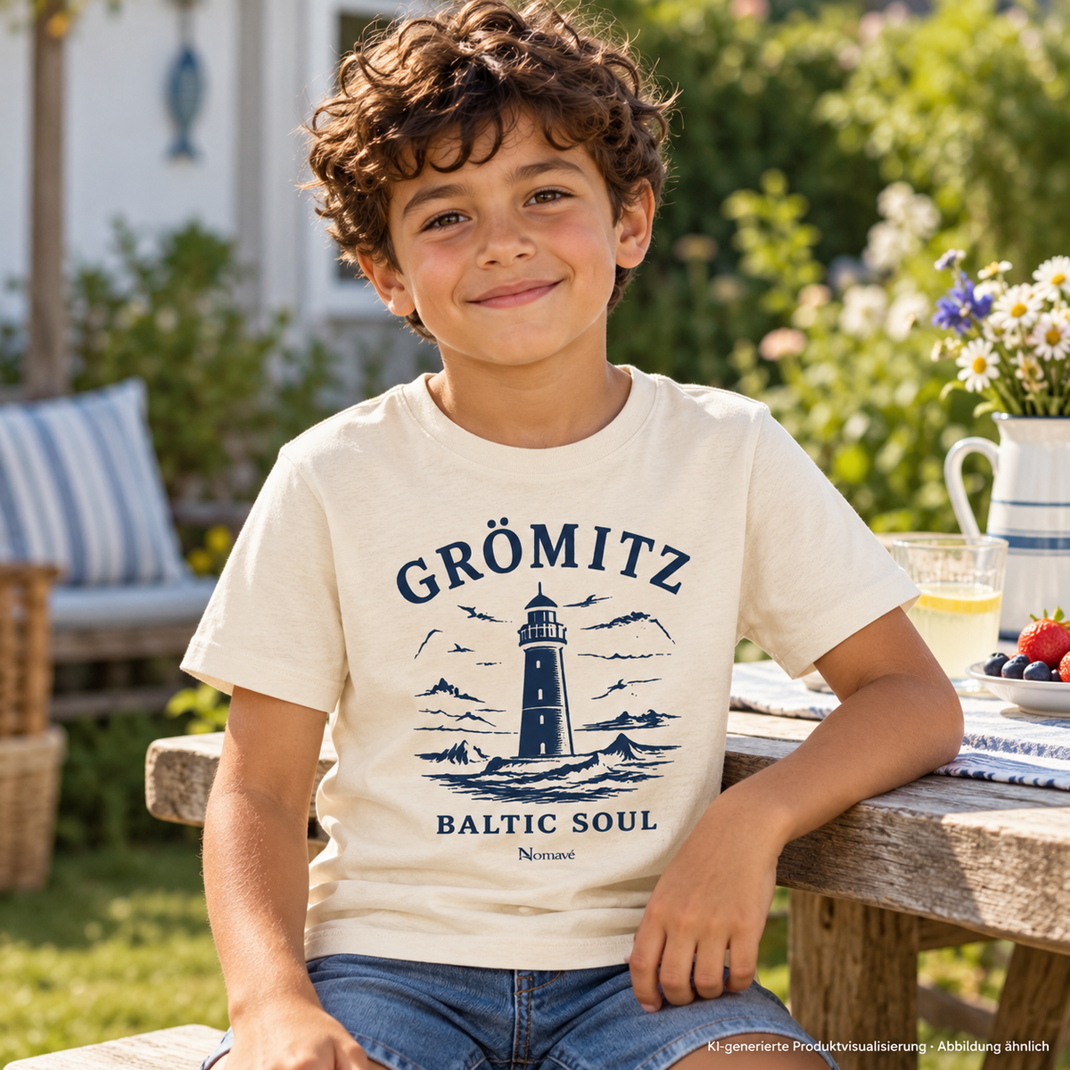 Junge am Picknicktisch im Garten – Grömitz Baltic Soul Kinder Bio-T-Shirt in Natural Raw mit navyfarbenem Leuchtturmmotiv auf der Vorderseite; KI-Produktvisualisierung.