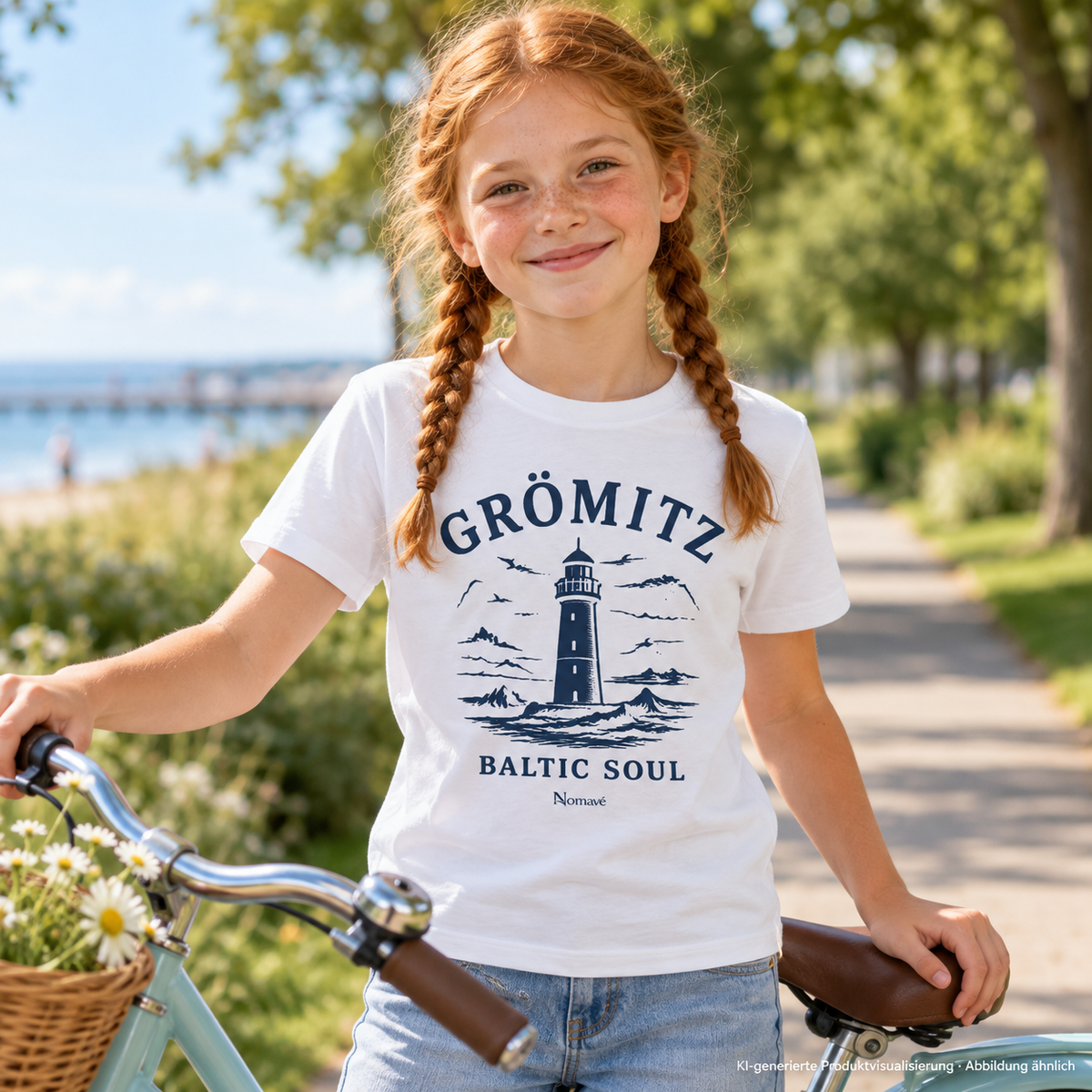 Mädchen mit Fahrrad auf einem Parkweg – Grömitz Baltic Soul Kinder Bio-T-Shirt in White mit navyfarbenem Leuchtturmmotiv auf der Vorderseite; KI-Produktvisualisierung.