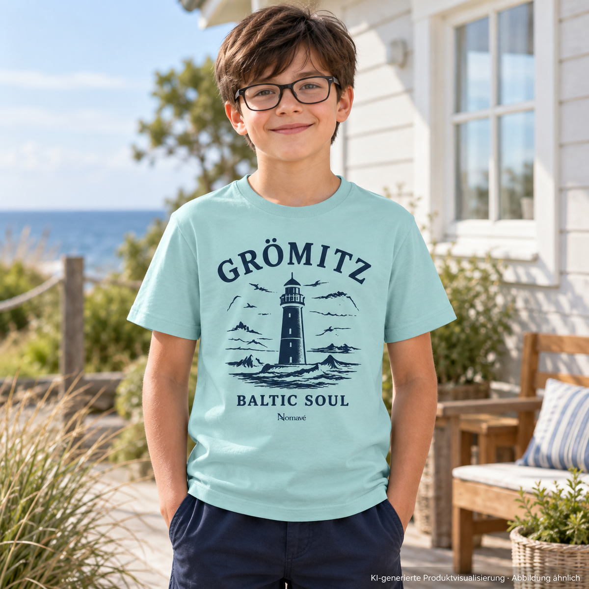 Junge mit Brille vor einem Ferienhaus – Grömitz Baltic Soul Kinder Bio-T-Shirt in Caribbean Blue mit navyfarbenem Leuchtturmmotiv auf der Vorderseite; KI-Produktvisualisierung.