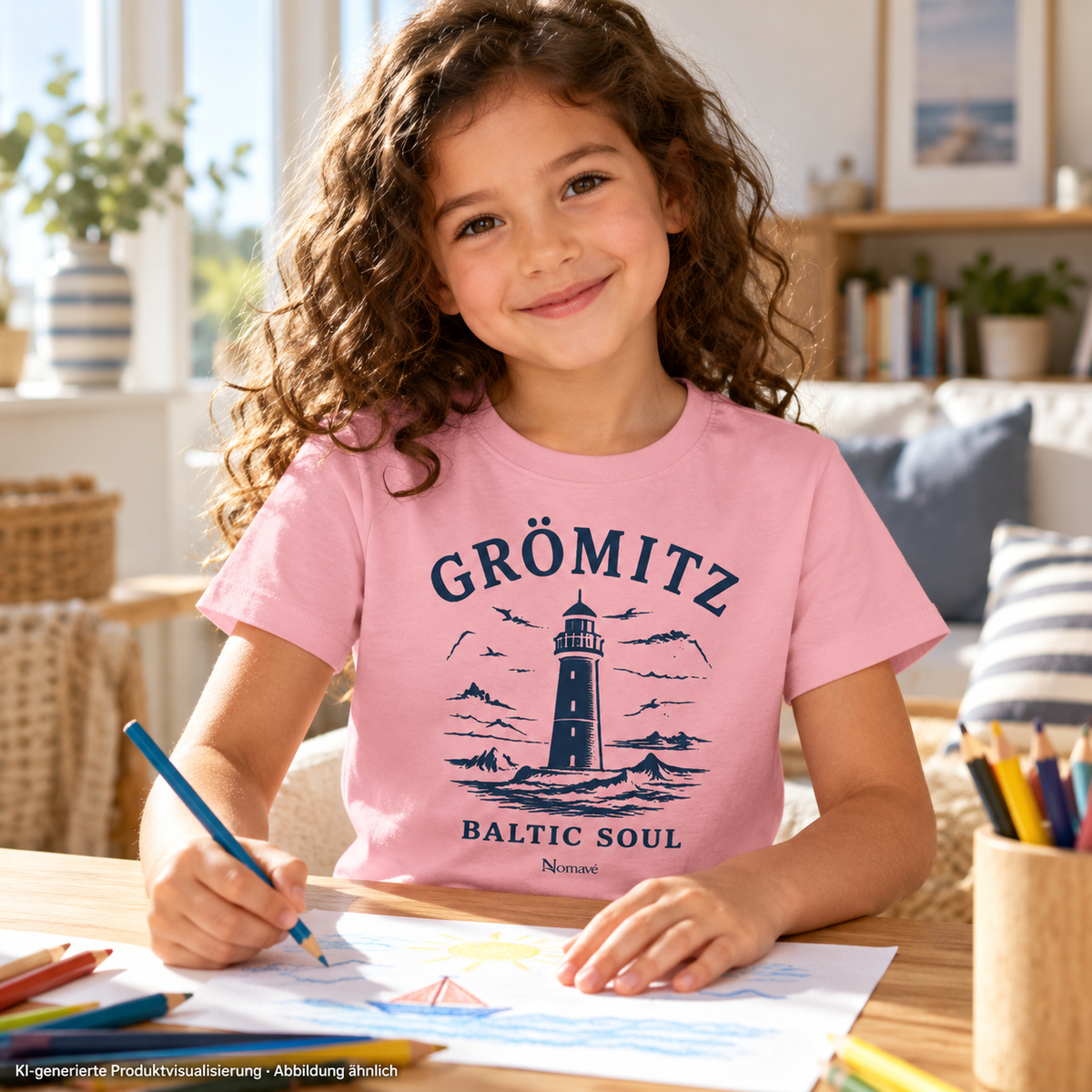 Mädchen beim Malen im hellen Familienzimmer – Grömitz Baltic Soul Kinder Bio-T-Shirt in Cotton Pink mit navyfarbenem Leuchtturmmotiv auf der Vorderseite; KI-Produktvisualisierung.