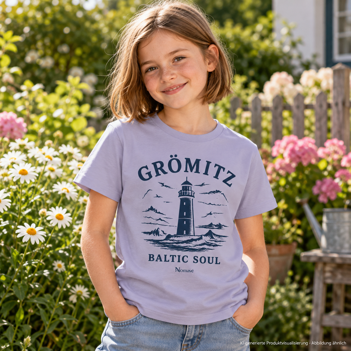 Mädchen im Blumengarten – Grömitz Baltic Soul Kinder Bio-T-Shirt in Lavender mit navyfarbenem Leuchtturmmotiv auf der Vorderseite; KI-Produktvisualisierung.
