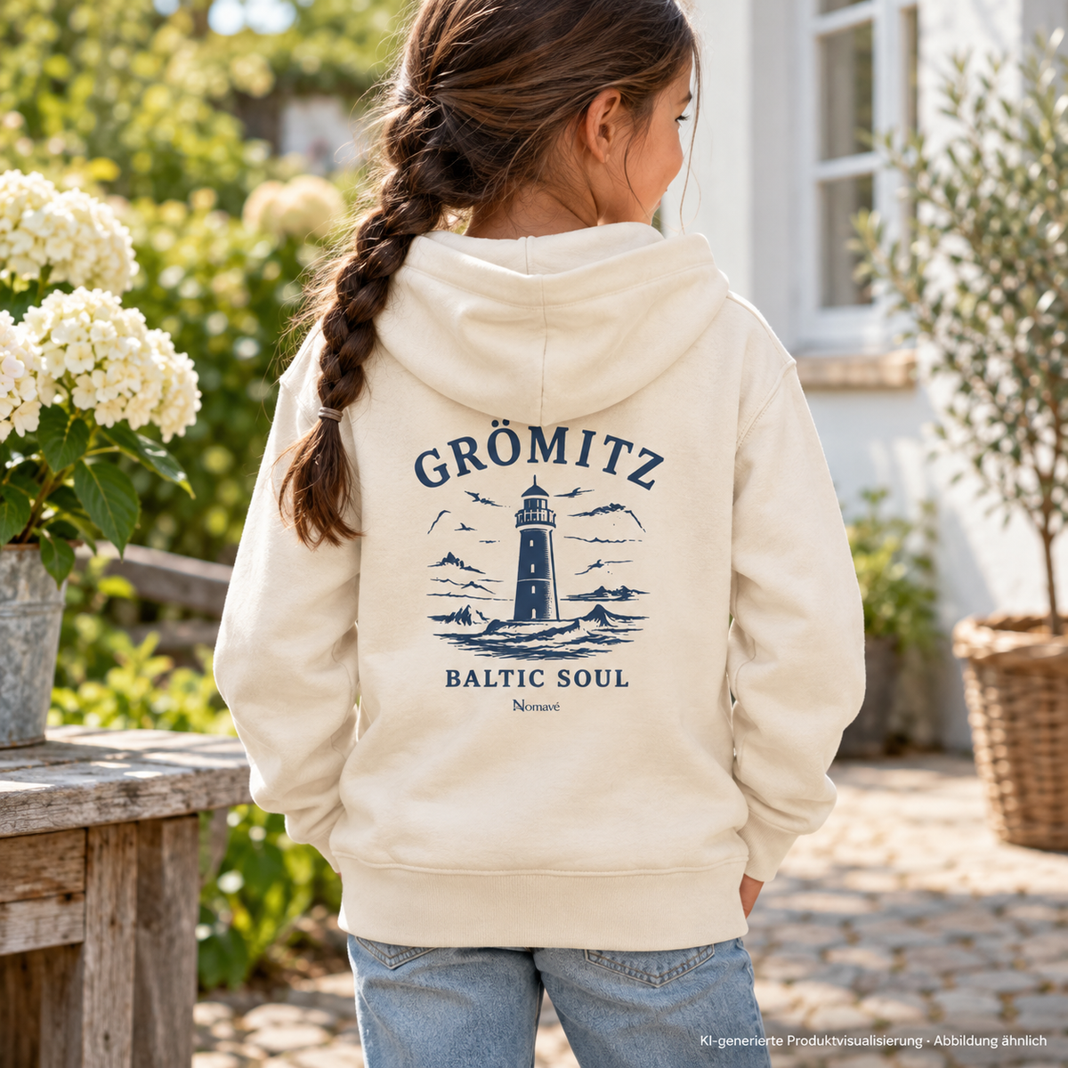 Mädchen im Garteninnenhof, Rückansicht – Grömitz Baltic Soul Kinder Bio-Hoodie in Natural Raw mit navyfarbenem Leuchtturmmotiv auf der Rückseite; KI-Produktvisualisierung.