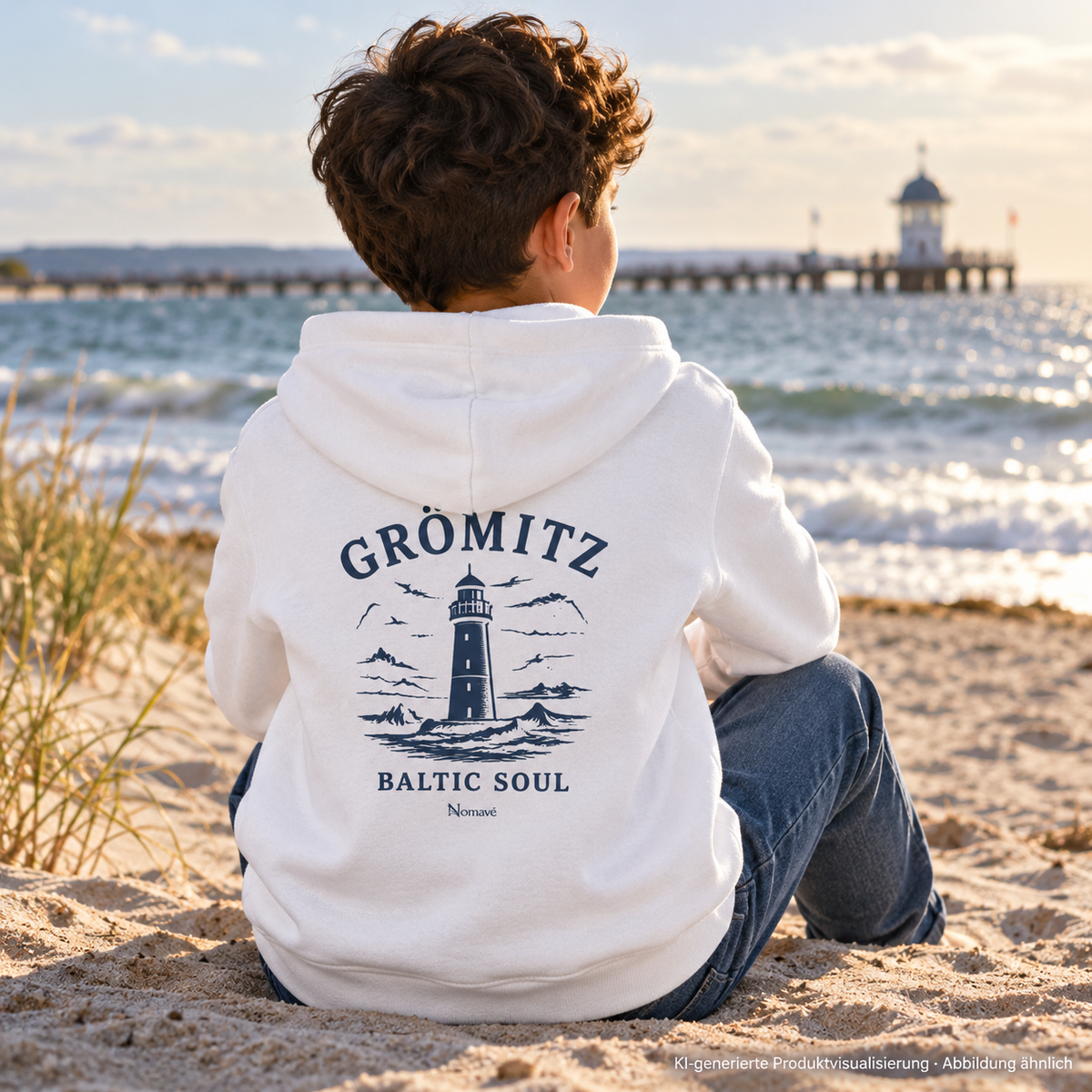 Junge am Strand, Rückansicht – Grömitz Baltic Soul Kinder Bio-Hoodie in White mit navyfarbenem Leuchtturmmotiv auf der Rückseite; KI-Produktvisualisierung.