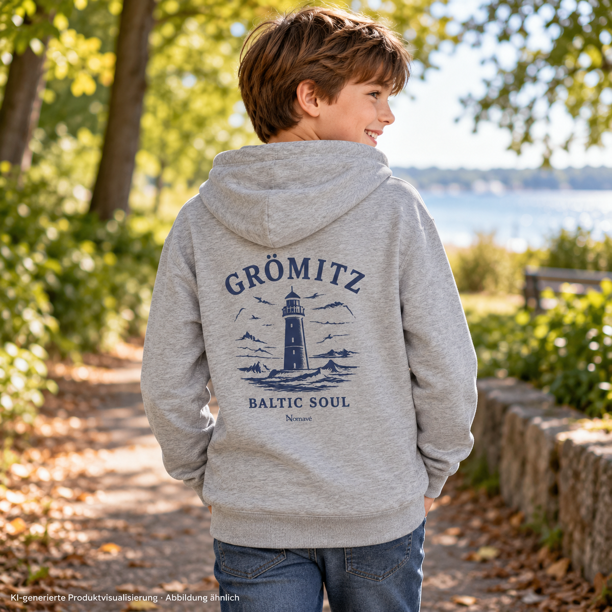 Junge auf einem grünen Parkweg, rückwärtige Dreiviertelansicht – Grömitz Baltic Soul Kinder Bio-Hoodie in Heather Grey mit navyfarbenem Leuchtturmmotiv auf der Rückseite; KI-Produktvisualisierung.