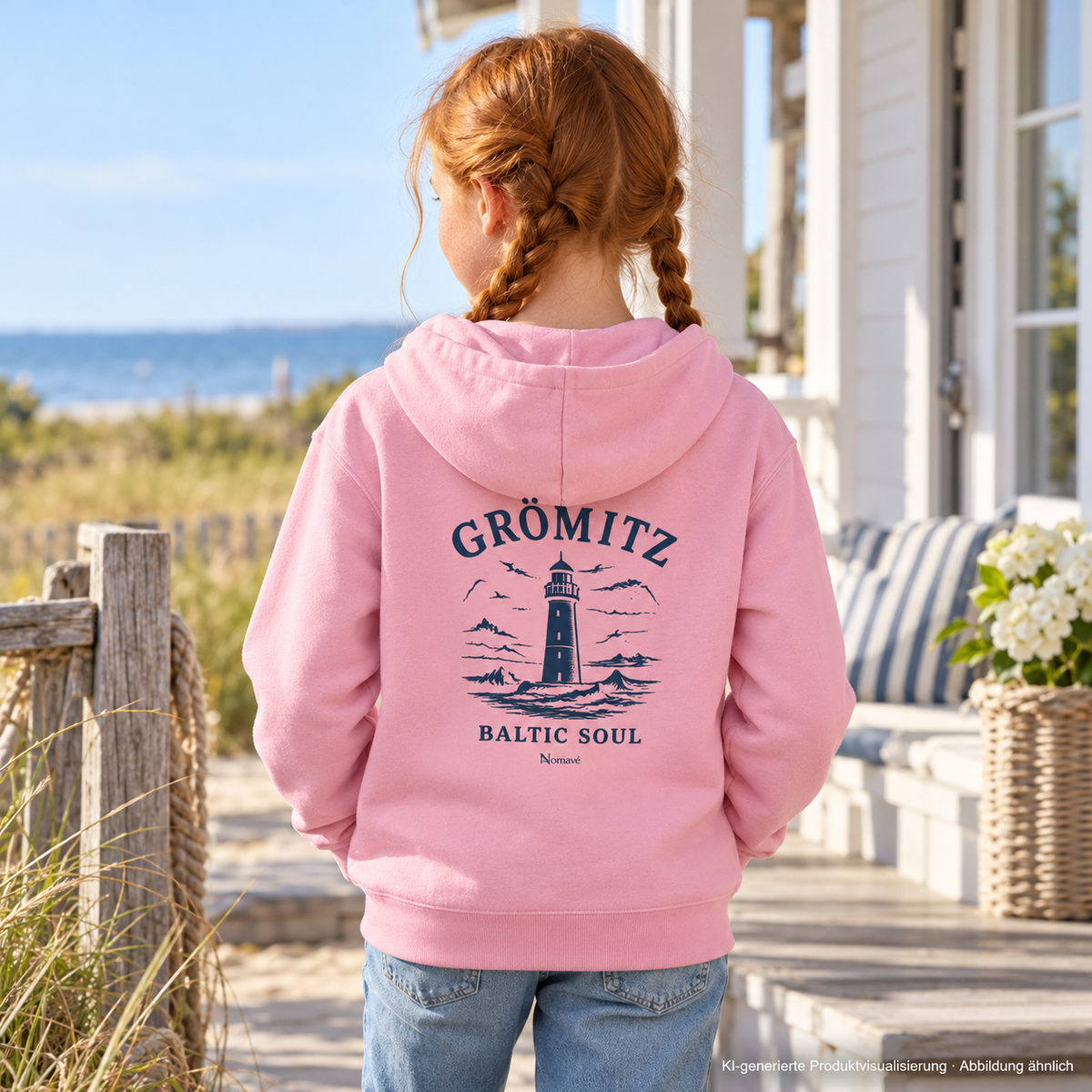 Mädchen vor einer Ferienhausveranda, Rückansicht – Grömitz Baltic Soul Kinder Bio-Hoodie in Cotton Pink mit navyfarbenem Leuchtturmmotiv auf der Rückseite; KI-Produktvisualisierung.