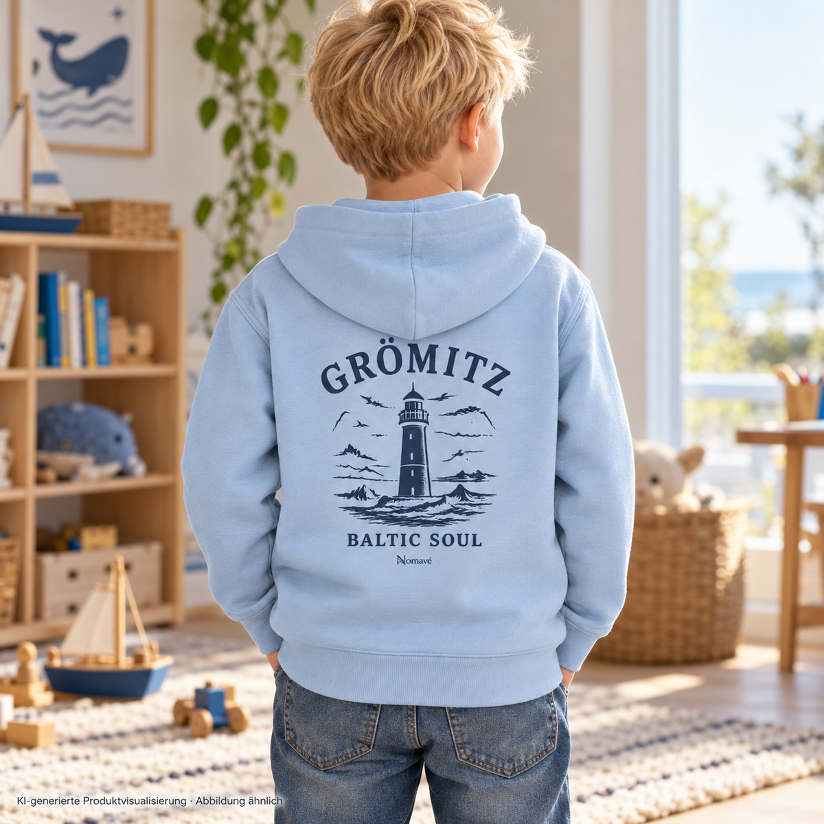 Junge im hellen Spielzimmer, Rückansicht – Grömitz Baltic Soul Kinder Bio-Hoodie in Blue Soul mit navyfarbenem Leuchtturmmotiv auf der Rückseite; KI-Produktvisualisierung.