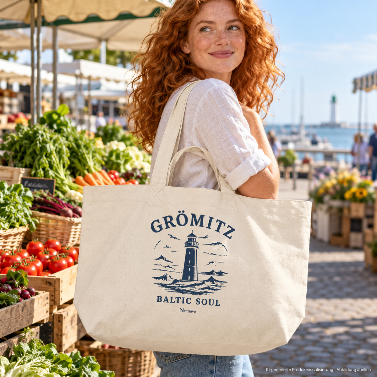 Frau trägt einen großen Shopper auf dem Wochenmarkt – Grömitz Baltic Soul Shopping-Bag in Natural Raw mit navyfarbenem Leuchtturmmotiv auf der bedruckten Außenseite; KI-Produktvisualisierung.