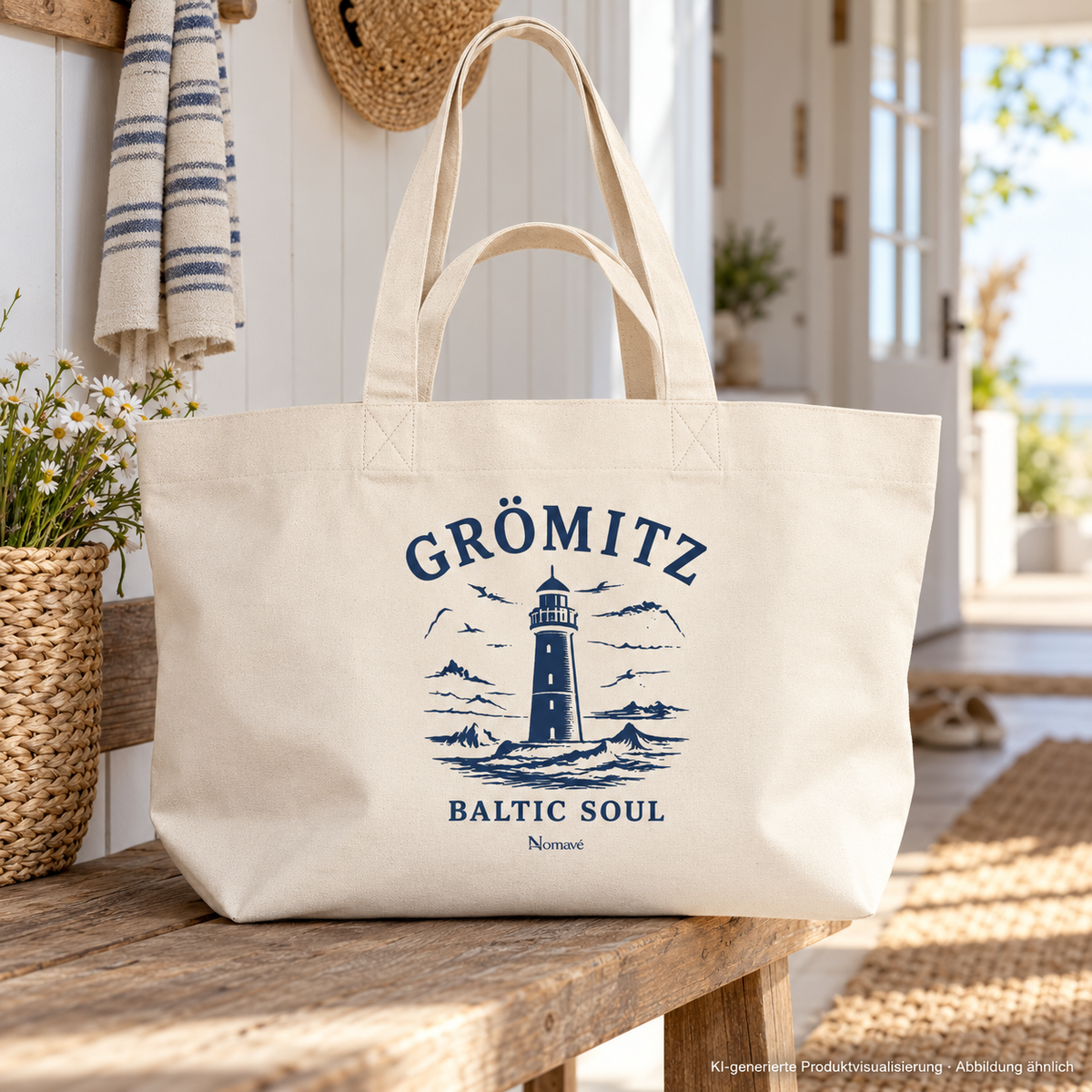 Großer Shopper auf einer Holzbank im Ferienhausflur – Grömitz Baltic Soul Shopping-Bag in Natural Raw mit navyfarbenem Leuchtturmmotiv auf der bedruckten Außenseite; KI-Produktvisualisierung.