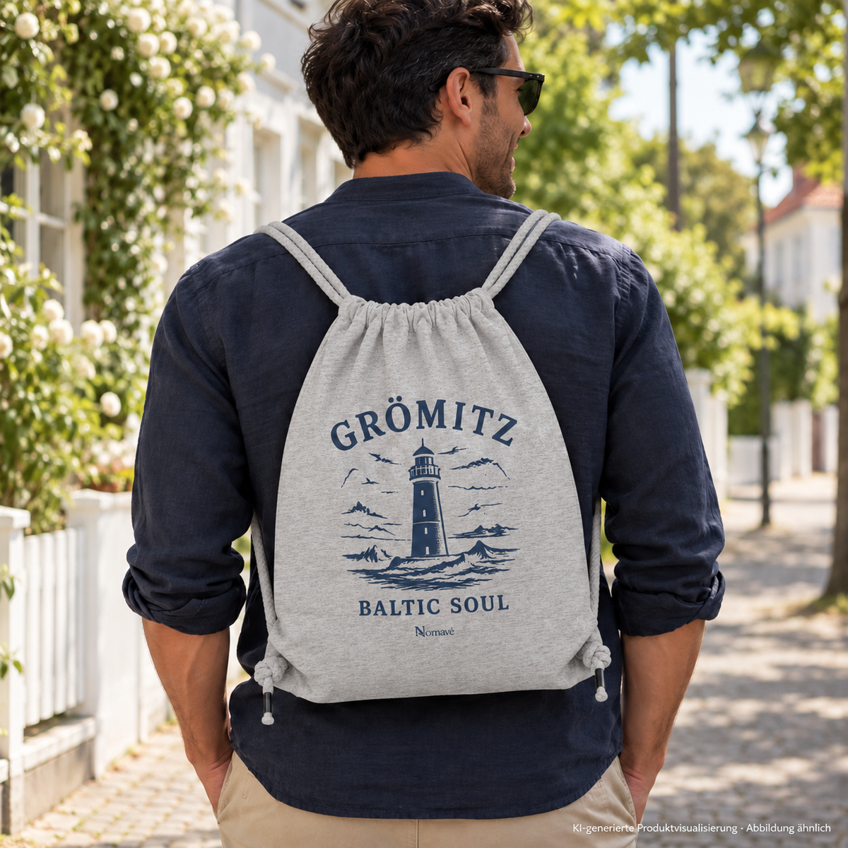 Mann trägt einen Kordelrucksack auf einer grünen Wohnstraße – Grömitz Baltic Soul Gym-Bag in Heather Grey mit navyfarbenem Leuchtturmmotiv auf der bedruckten Außenseite; KI-Produktvisualisierung.