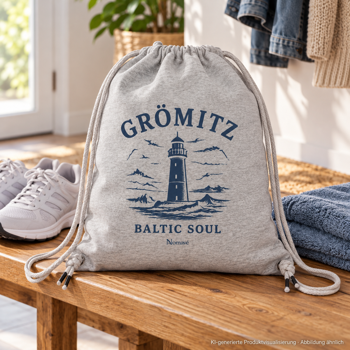 Gym-Bag neben Sportschuhen auf einer Bank im Flur – Grömitz Baltic Soul Gym-Bag in Heather Grey mit navyfarbenem Leuchtturmmotiv auf der bedruckten Außenseite; KI-Produktvisualisierung.