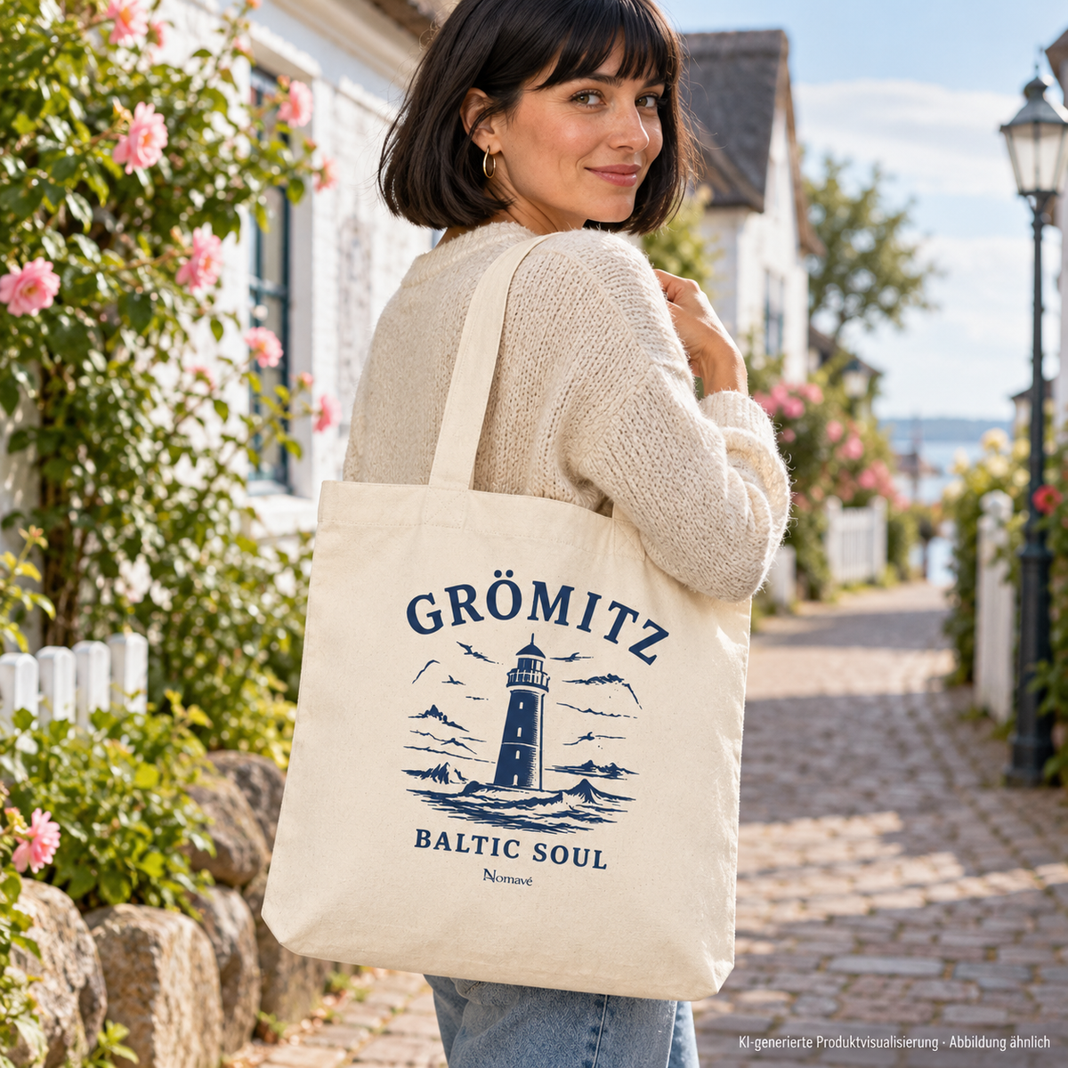 Frau trägt eine flache Tote-Bag in einer Dorfstraße – Grömitz Baltic Soul Tote-Bag in Natural mit navyfarbenem Leuchtturmmotiv auf der bedruckten Außenseite; KI-Produktvisualisierung.